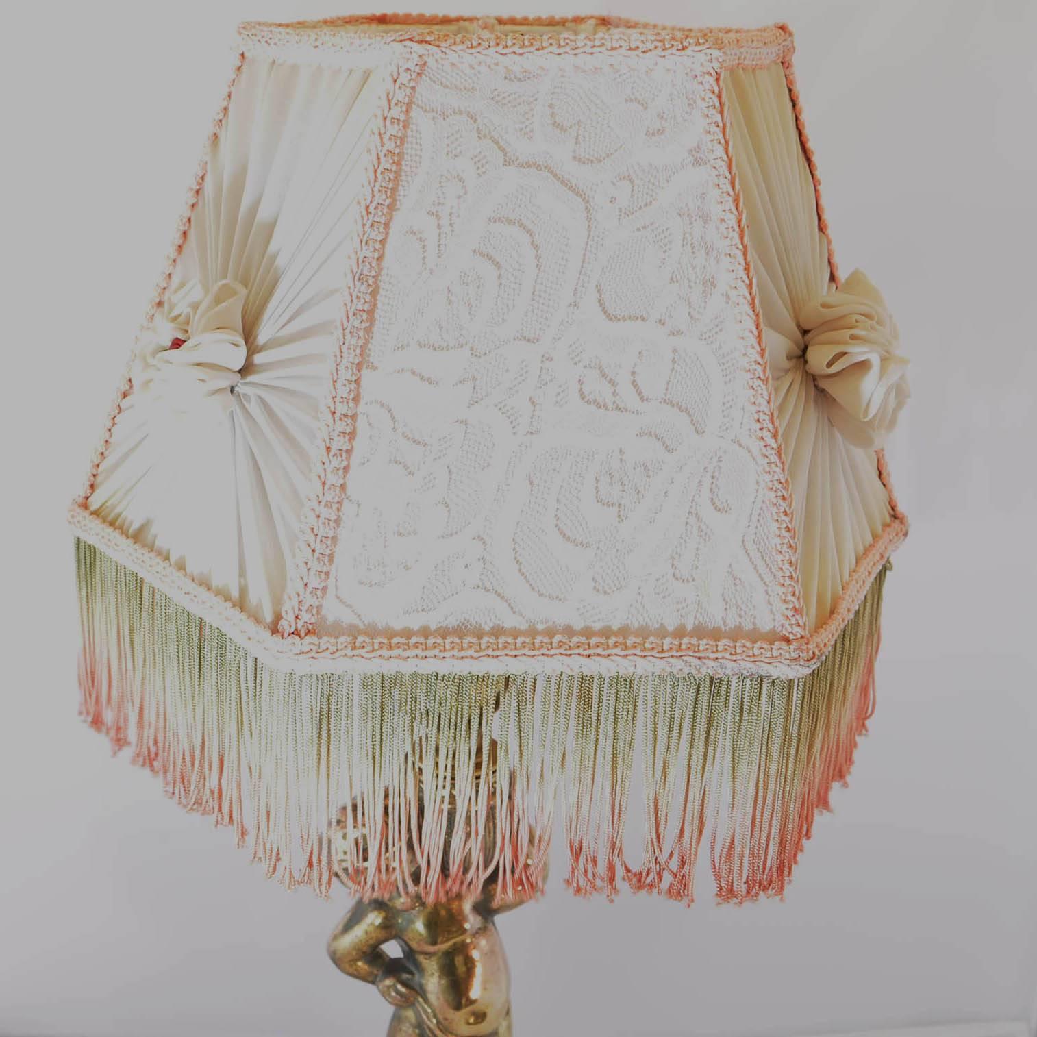 Victorian Boudoir Lamp Gold Cherub with Rosette and Fringe Shade