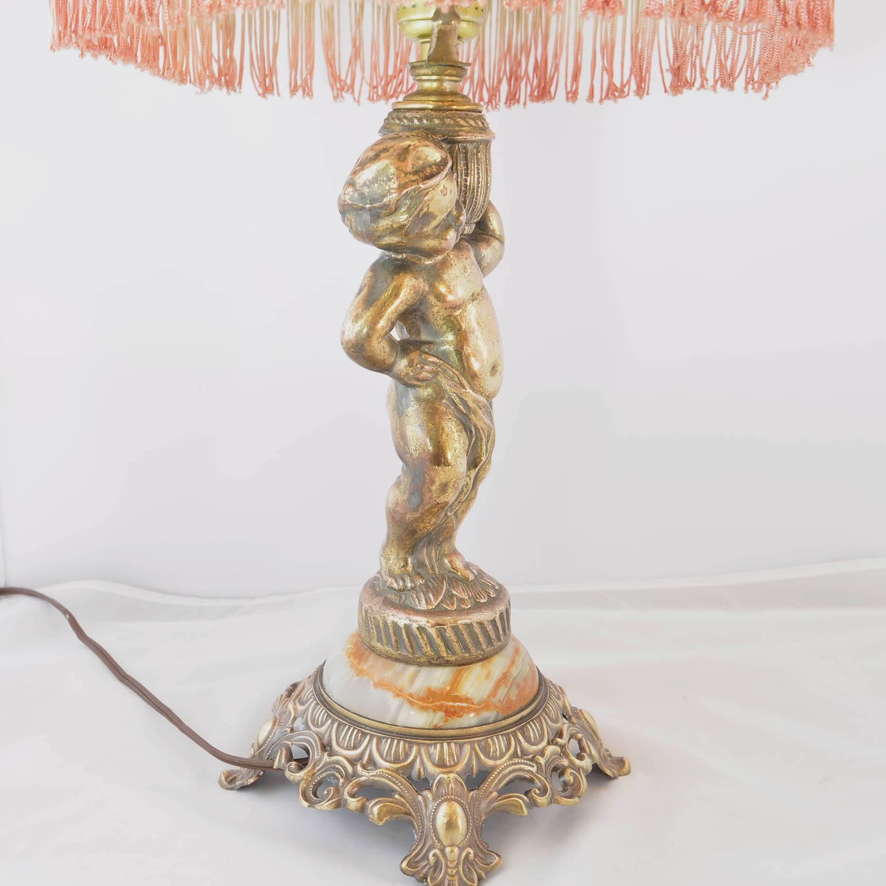Boudoir Lamp Gold Cherub with Rosette and Fringe Shade In Good Condition In Pataskala, OH