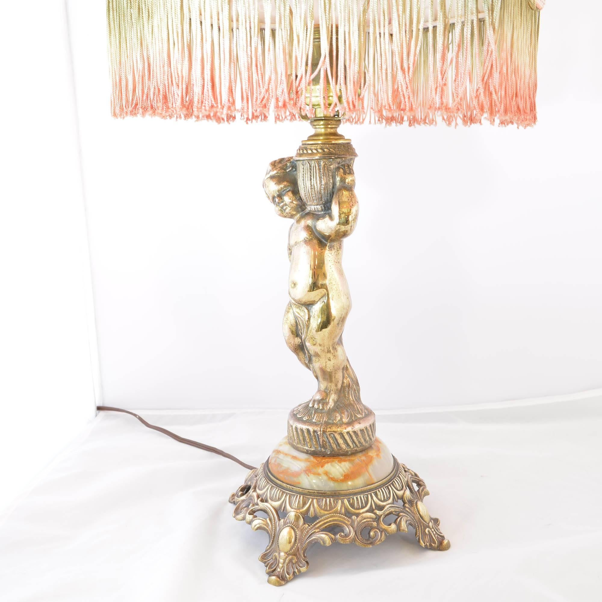 20th Century Boudoir Lamp Gold Cherub with Rosette and Fringe Shade