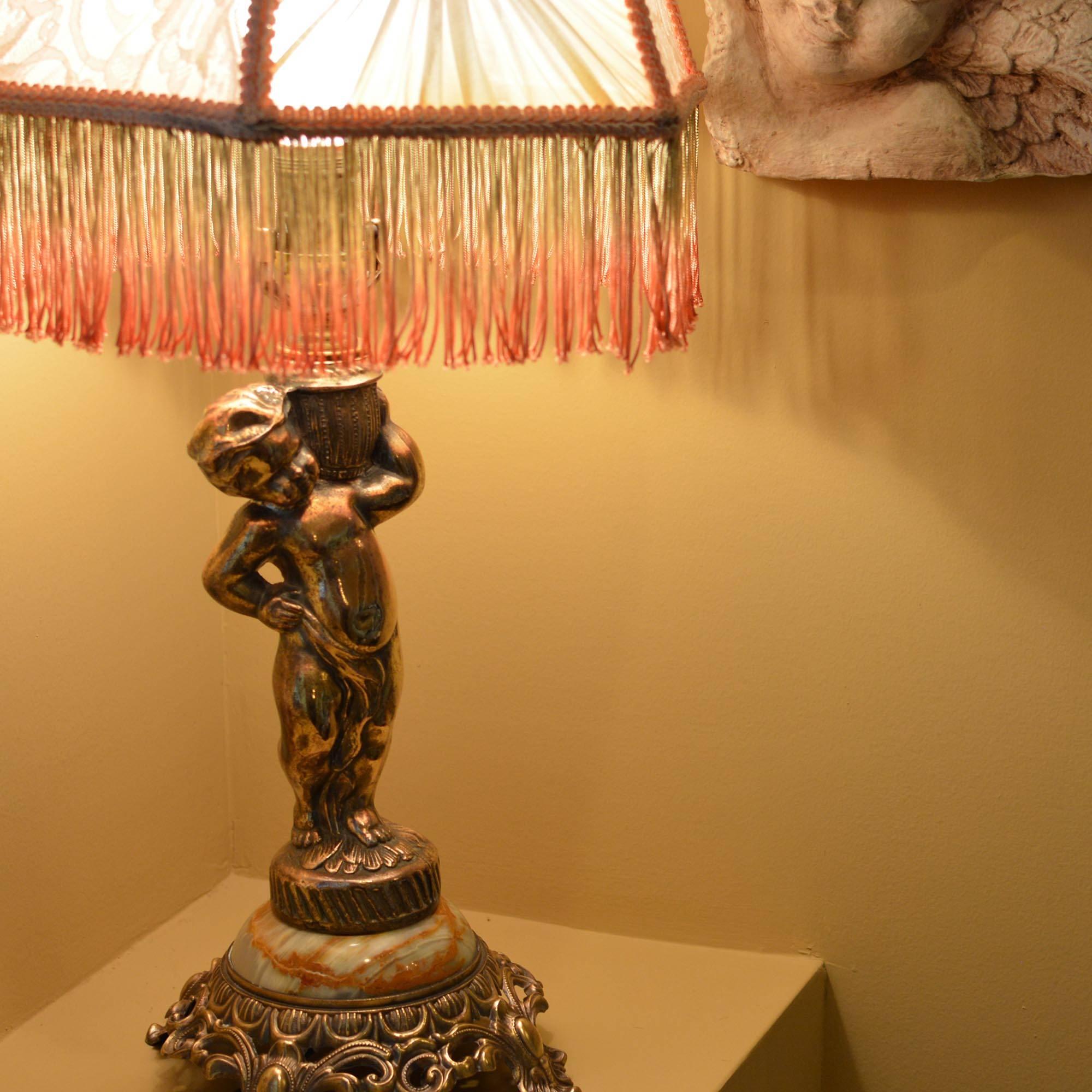 Boudoir Lamp Gold Cherub with Rosette and Fringe Shade 1