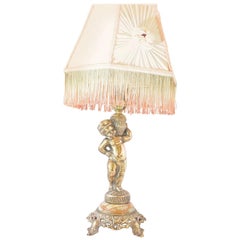 Boudoir Lamp Gold Cherub with Rosette and Fringe Shade