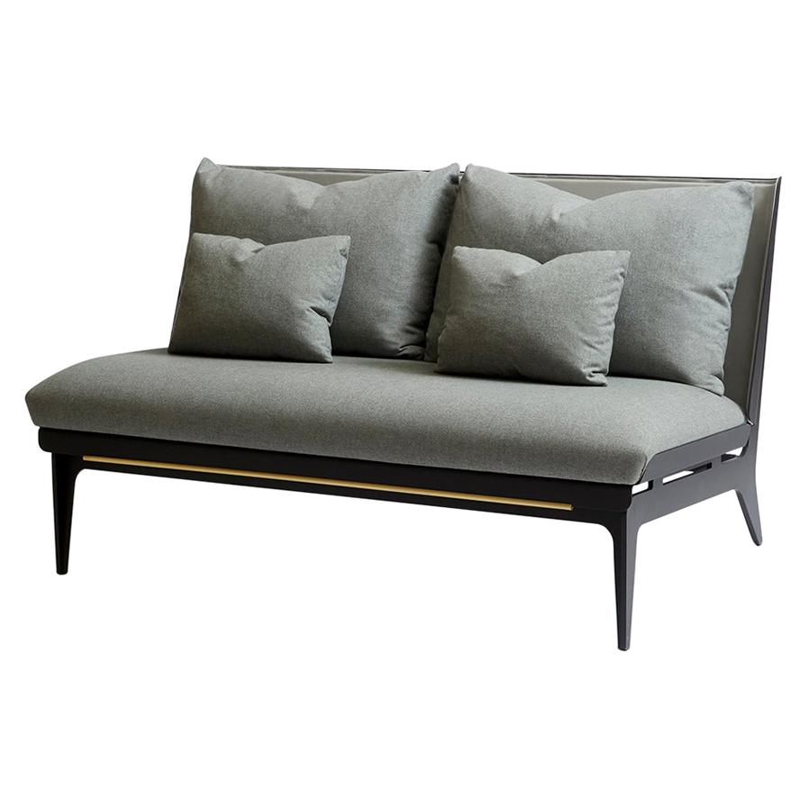 Gray (Sophie-Gray) Boudoir Loveseat with Leather Back and Satin Brass Hardware by Gabriel Scott