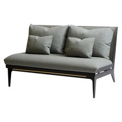 Boudoir Loveseat with Leather Back and Satin Brass Hardware by Gabriel Scott