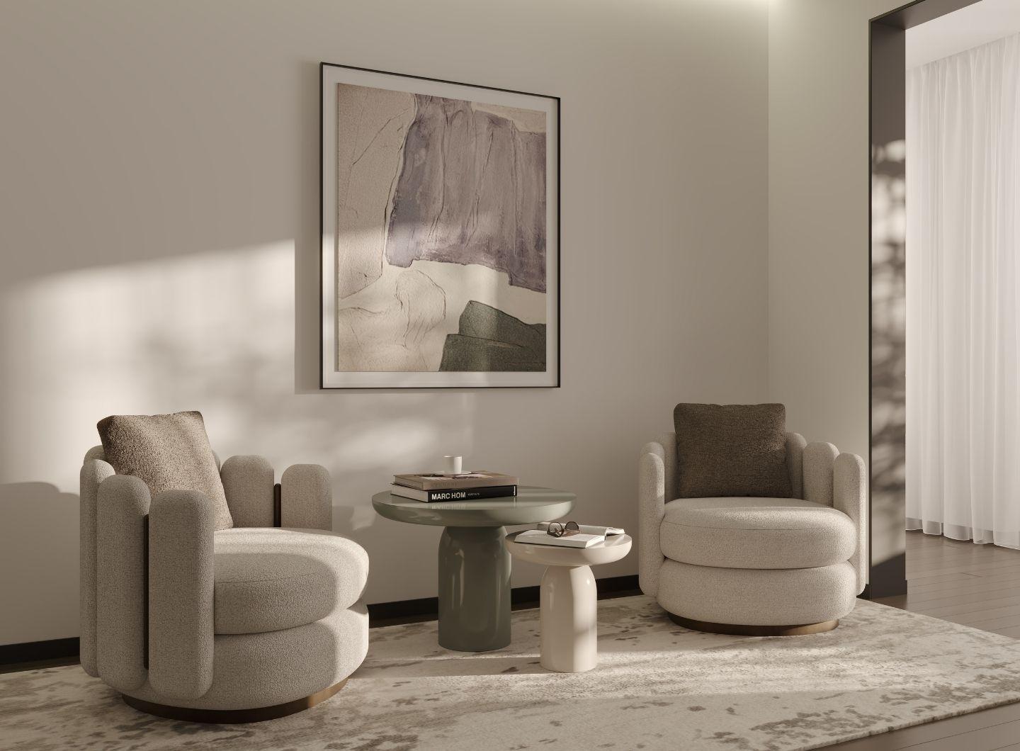 Le fauteuil CONTOUR dégage une sophistication contemporaine avec son piètement pivotant caractéristique et son dossier élégamment travaillé. Le design du dossier comprend des détails peints raffinés de couleur laiton, ajoutant une touche d'opulence.