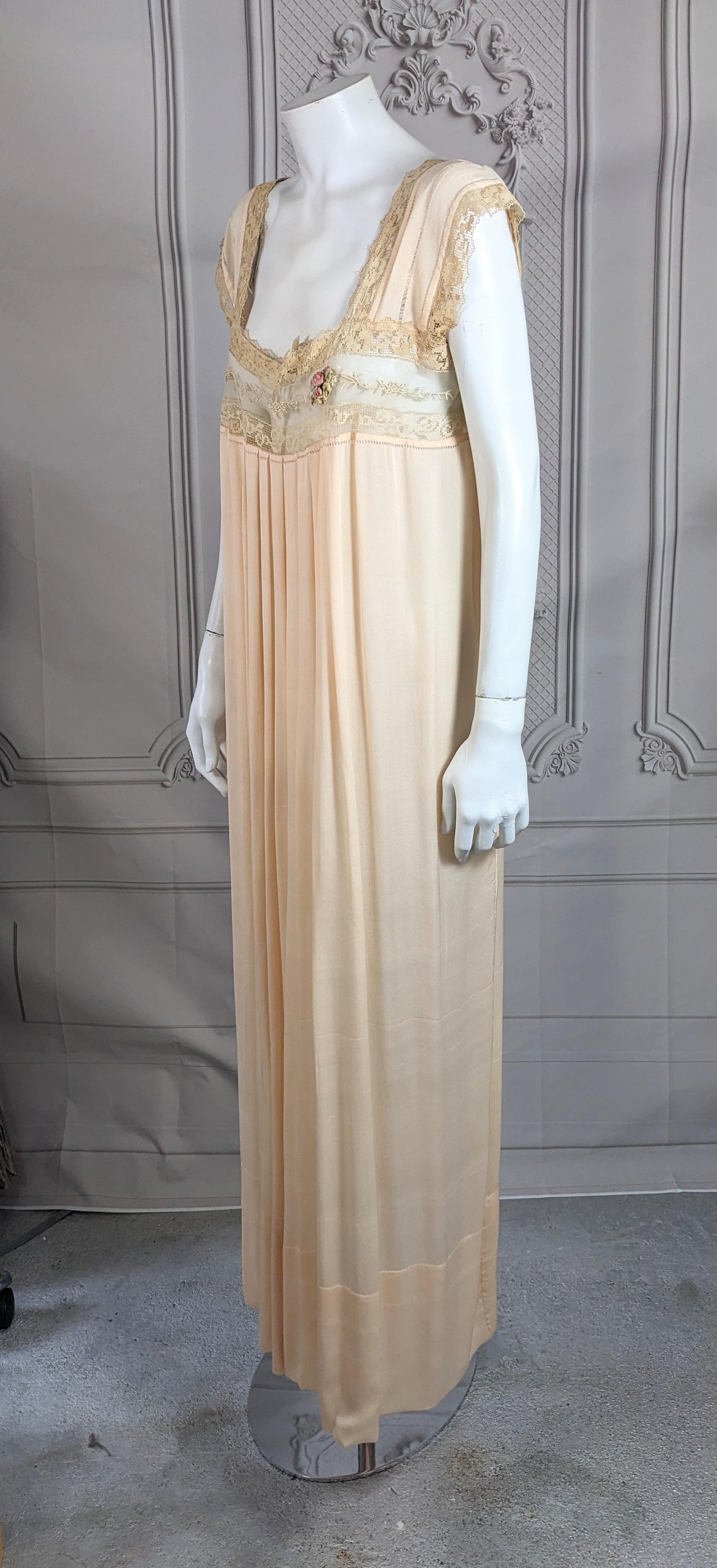 Beige Boue Soeurs Romantic  French 1920  Silk  and Lace Gown For Sale