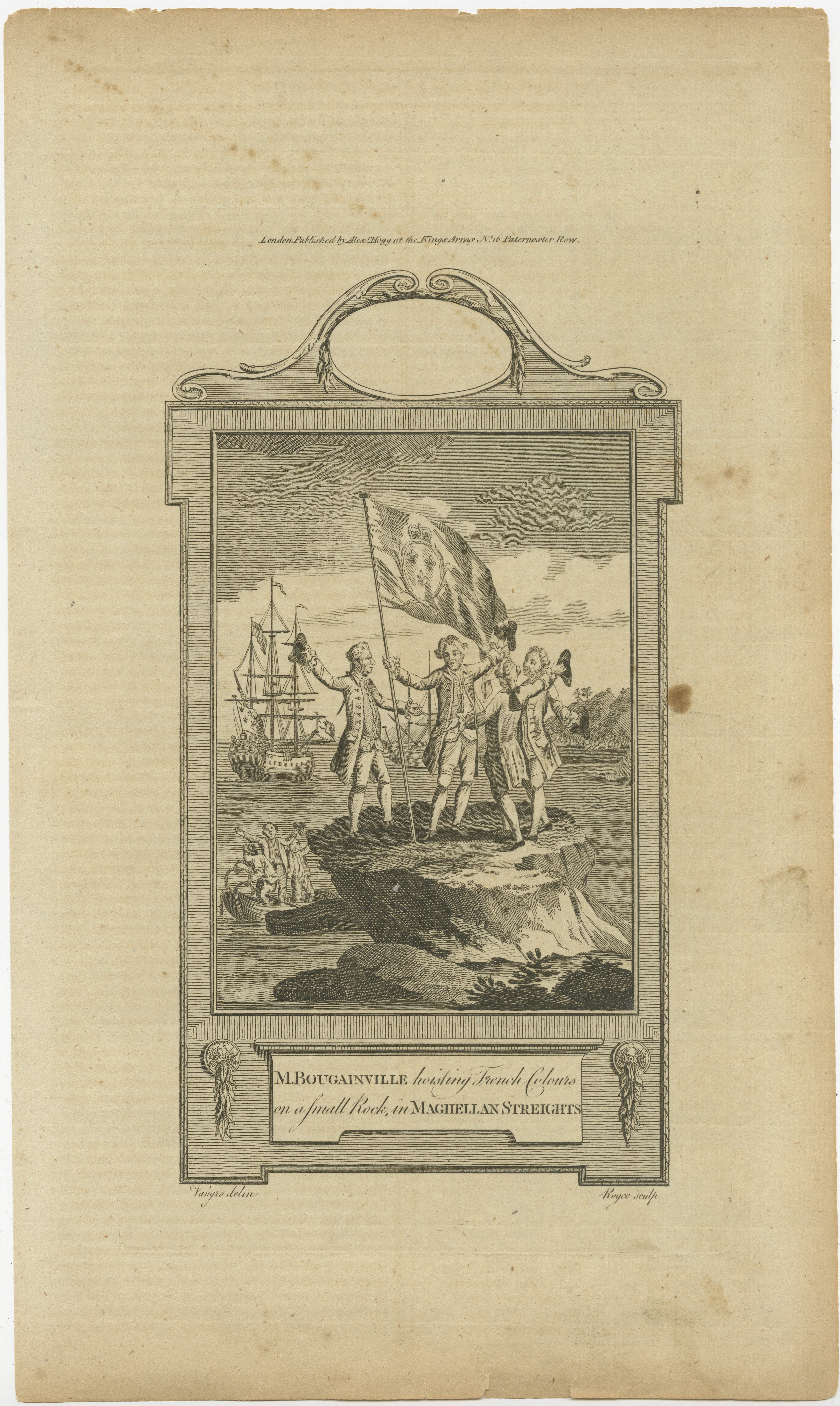 The engraving depicts the French explorer Louis Antoine de Bougainville hoisting the French colors upon a small rock in the Magellan Straits. This act symbolizes the claiming of territory during his expedition, which took place between 1766 and