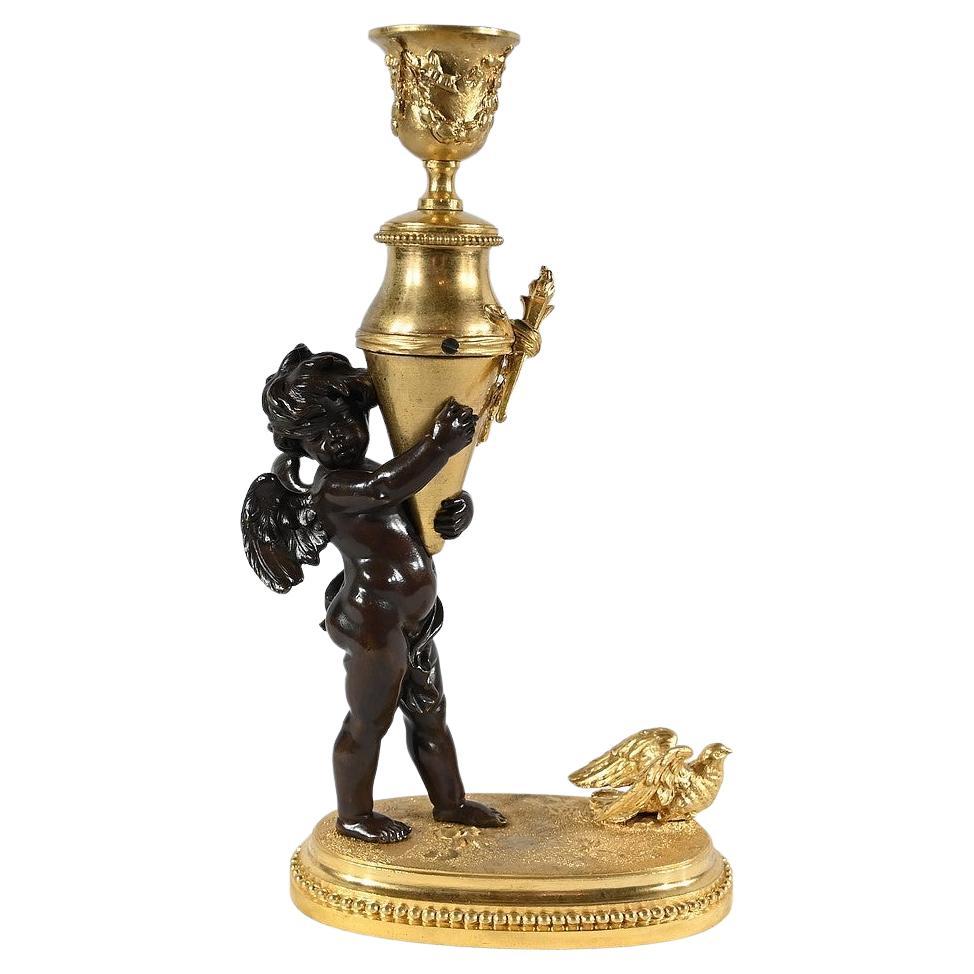Bronze candlestick “Blindfolded Love”, signed Ferville Suan – Late 19th century
