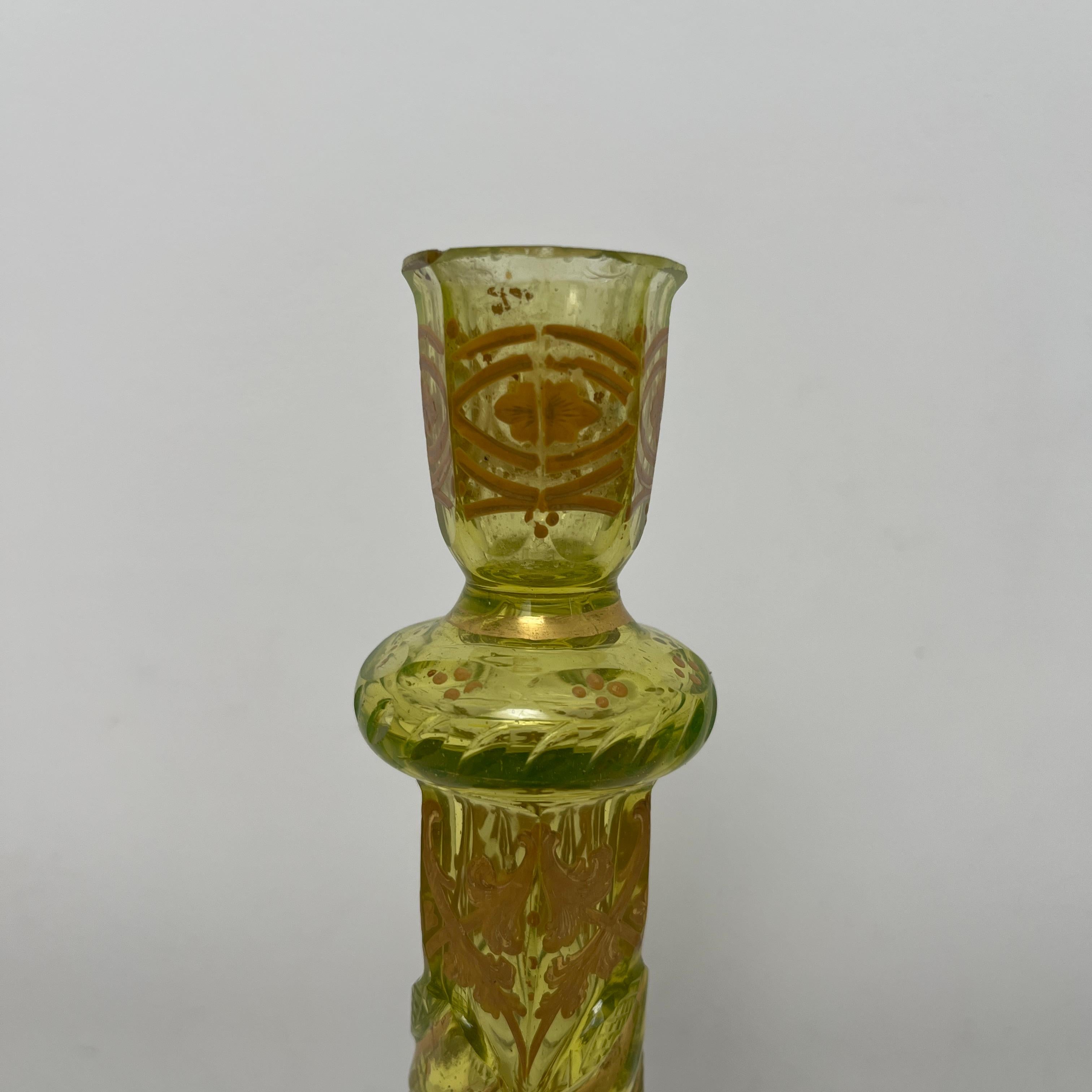 Czech Bougeoir en ouraline verre taillé emaillé Boheme 19th uranium glass For Sale