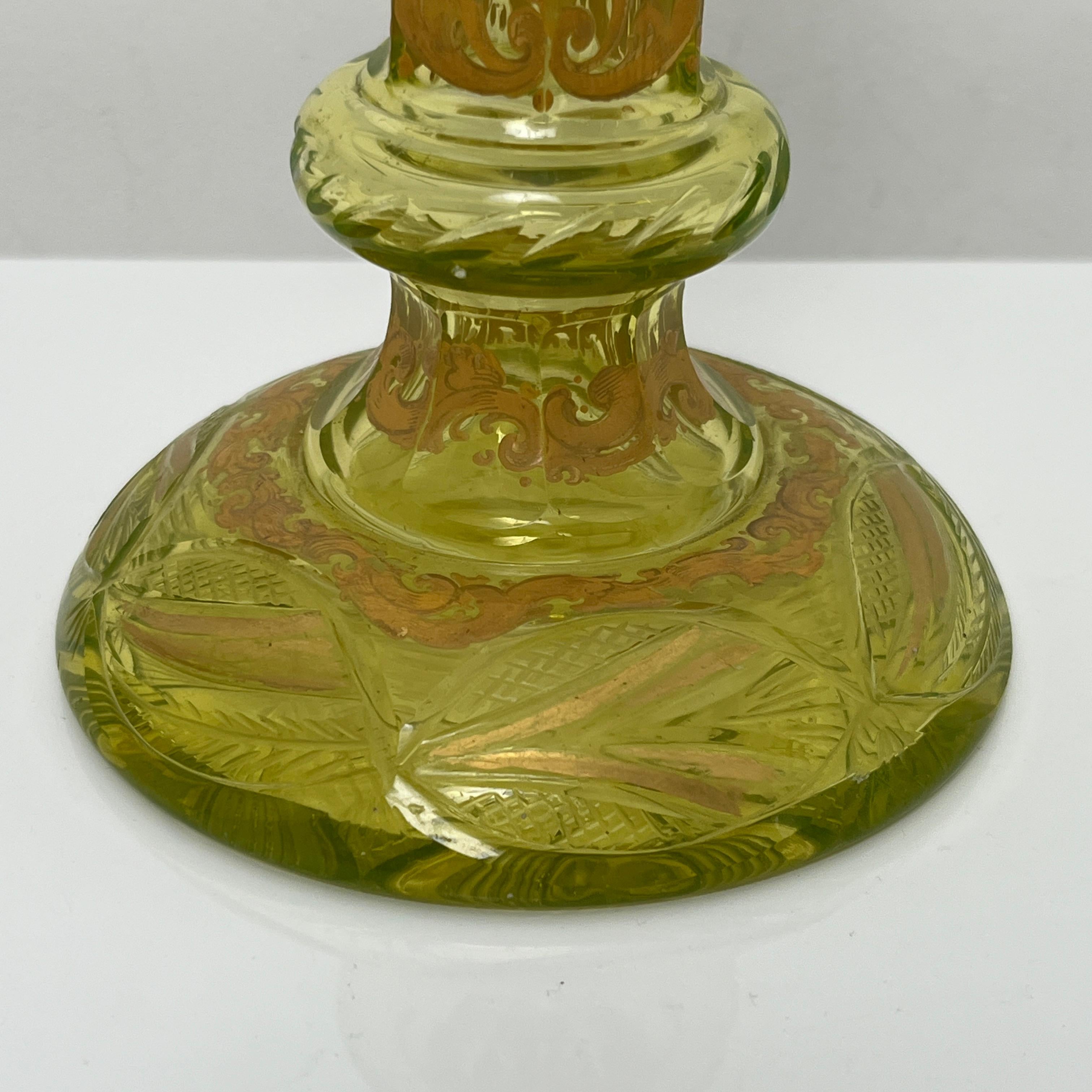 19th Century Bougeoir en ouraline verre taillé emaillé Boheme 19th uranium glass For Sale