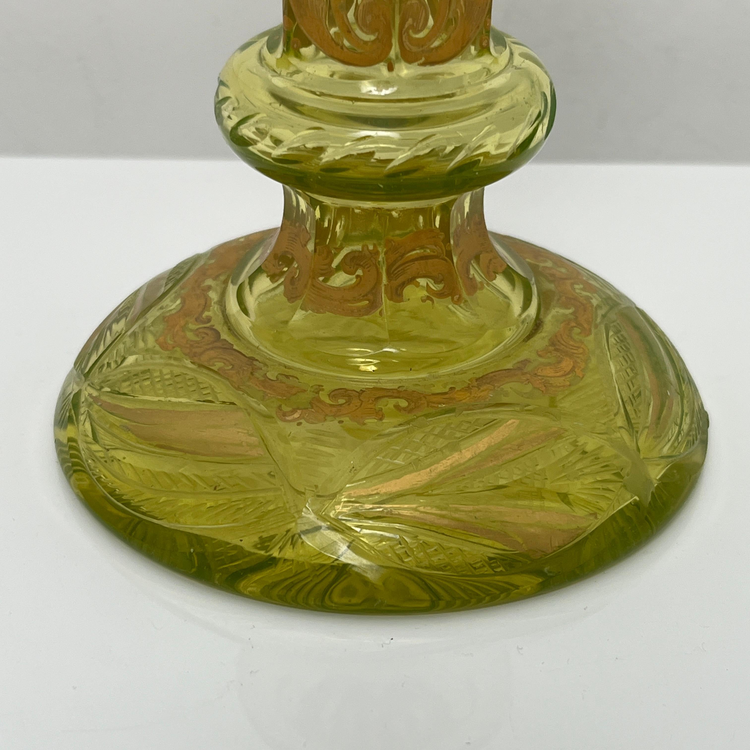 Uranium Glass Bougeoir en ouraline verre taillé emaillé Boheme 19th uranium glass For Sale