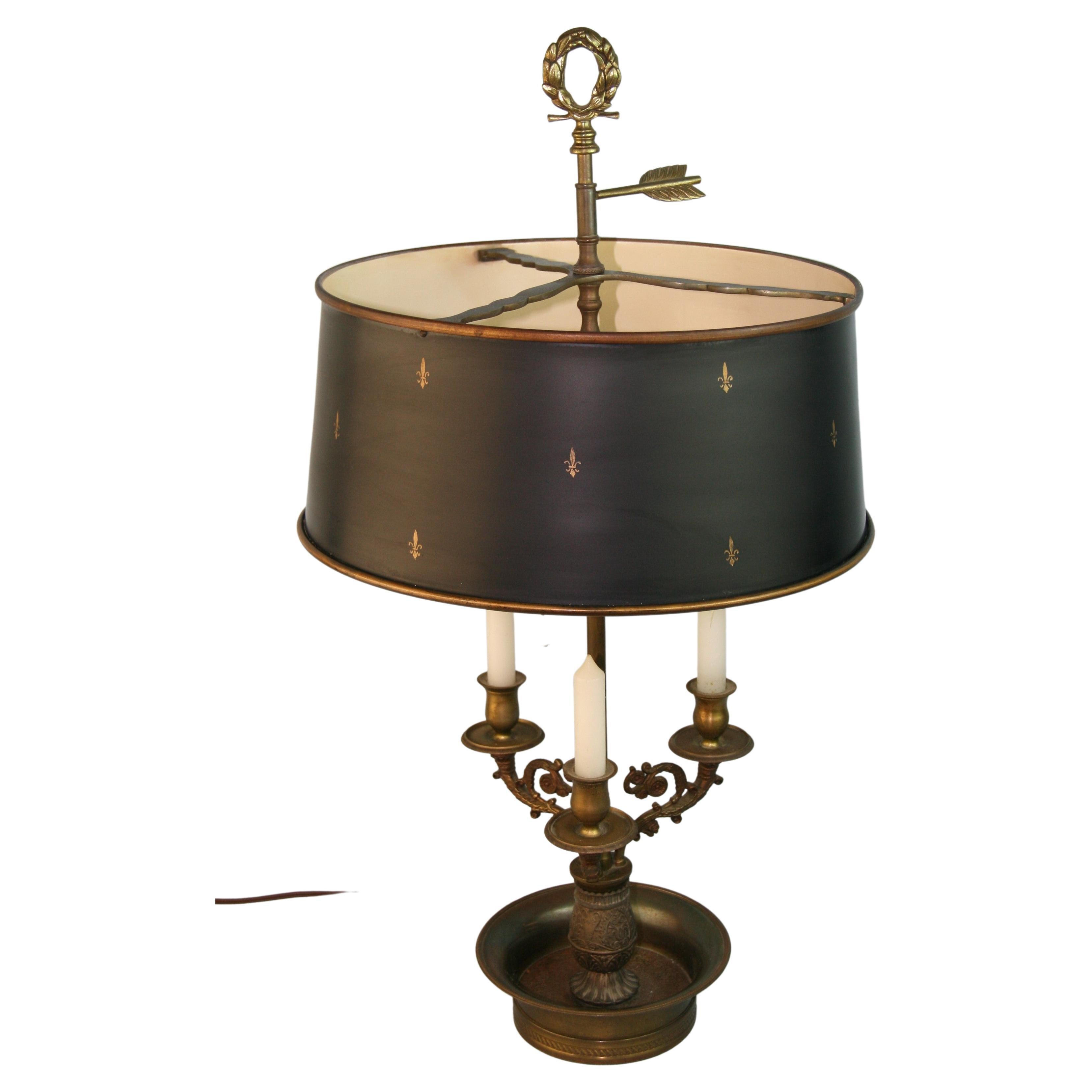 Bouillotte Brass Table Lamp With Fleur De Leis Decorated Shade