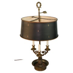Vintage Bouillotte Brass Table Lamp With Fleur De Leis Decorated Shade