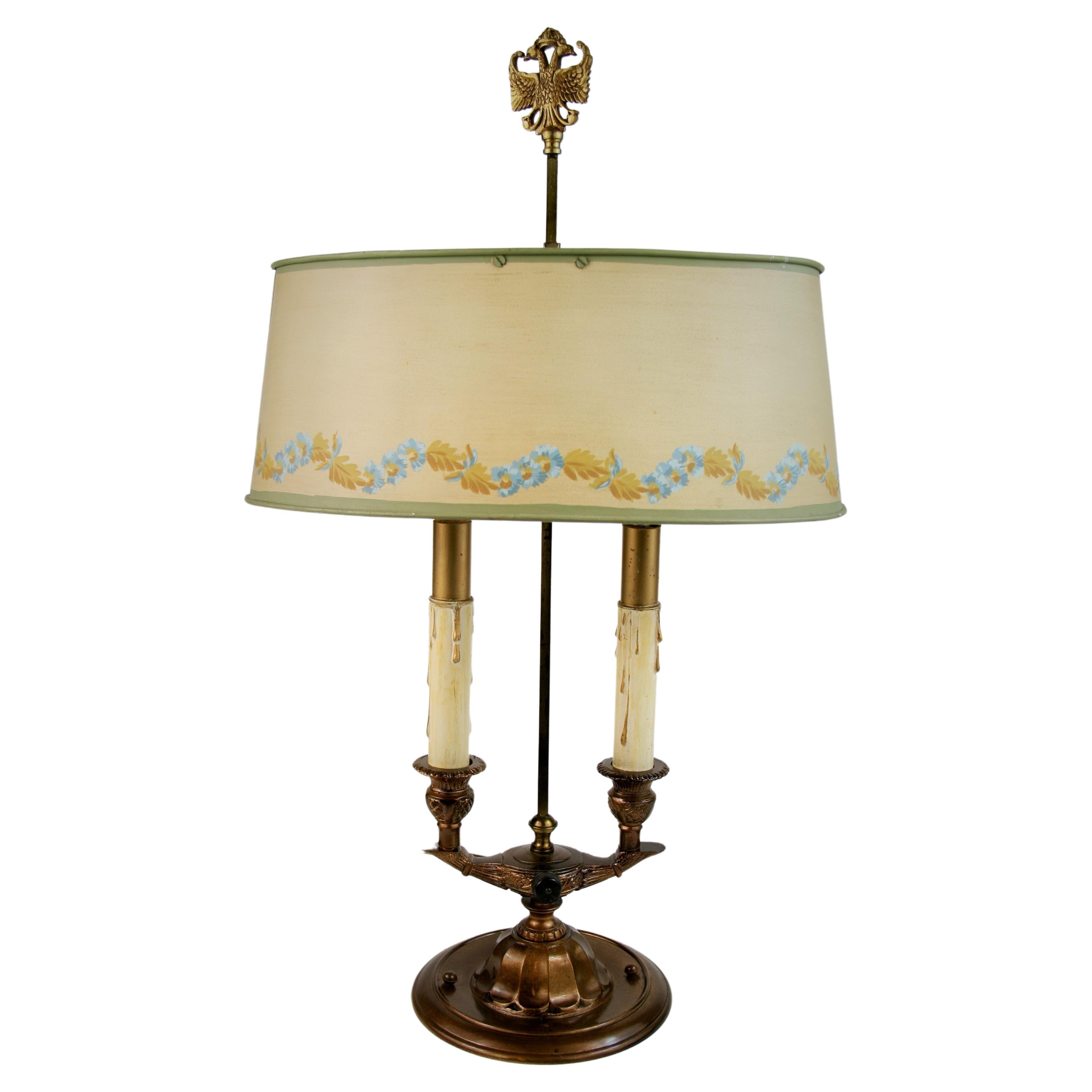 Bouillotte  Lamp with Decorative Metal Shade with French Blue Painted Details
