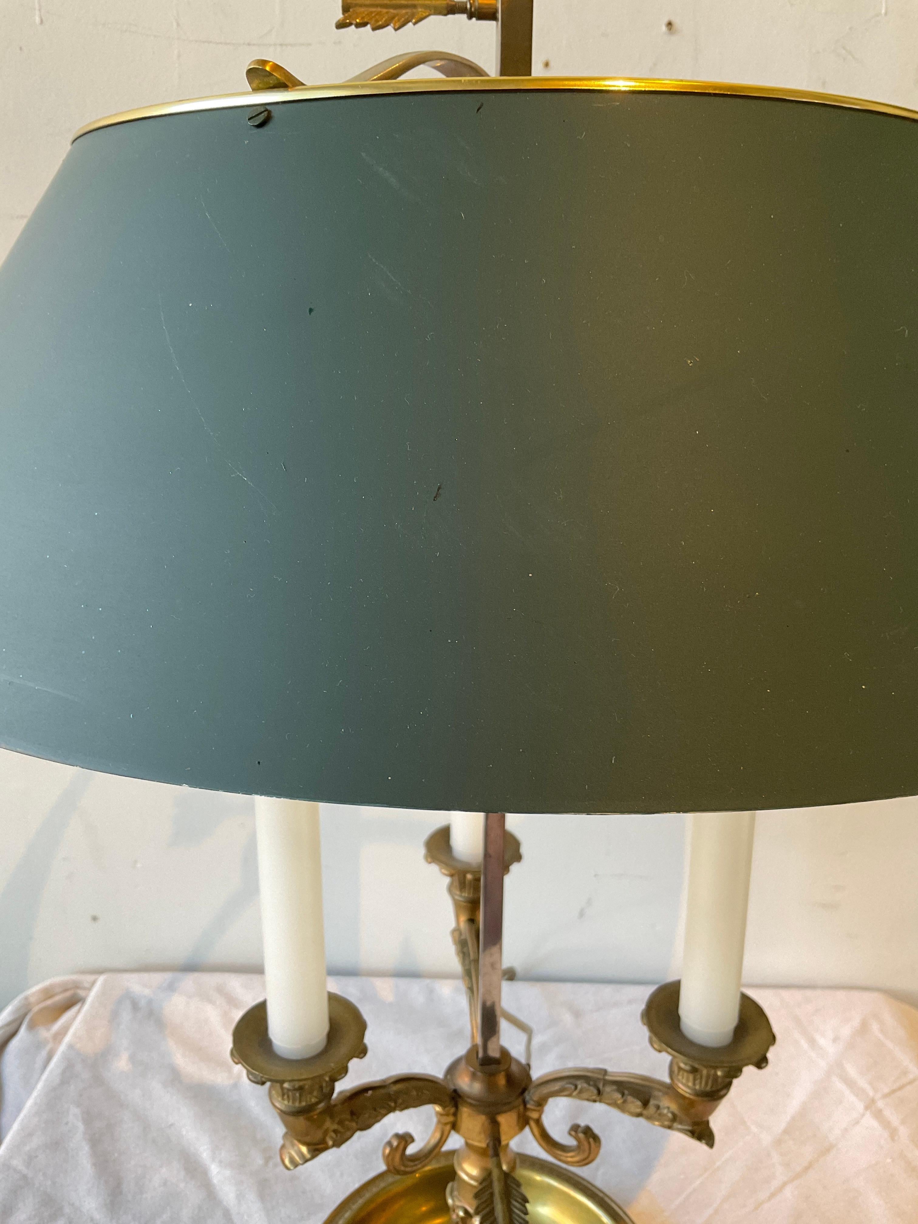 Brass Bouillotte Lamp With Green Tole Shade For Sale