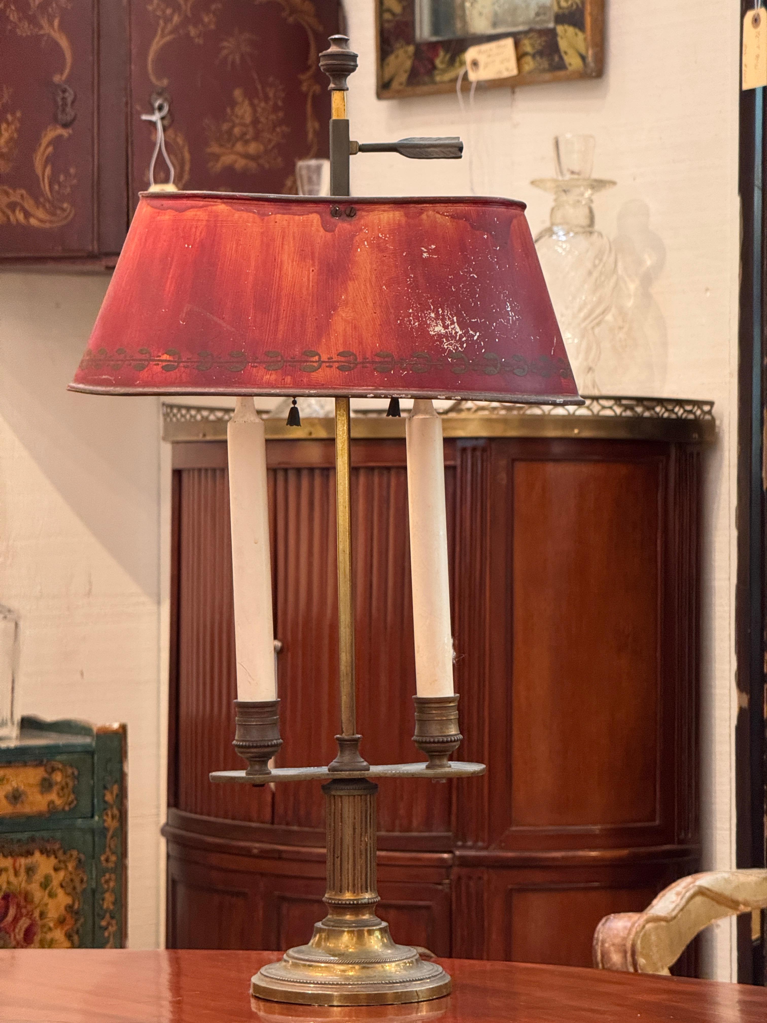 French Bouillotte Lamp with Red Tole Shade For Sale