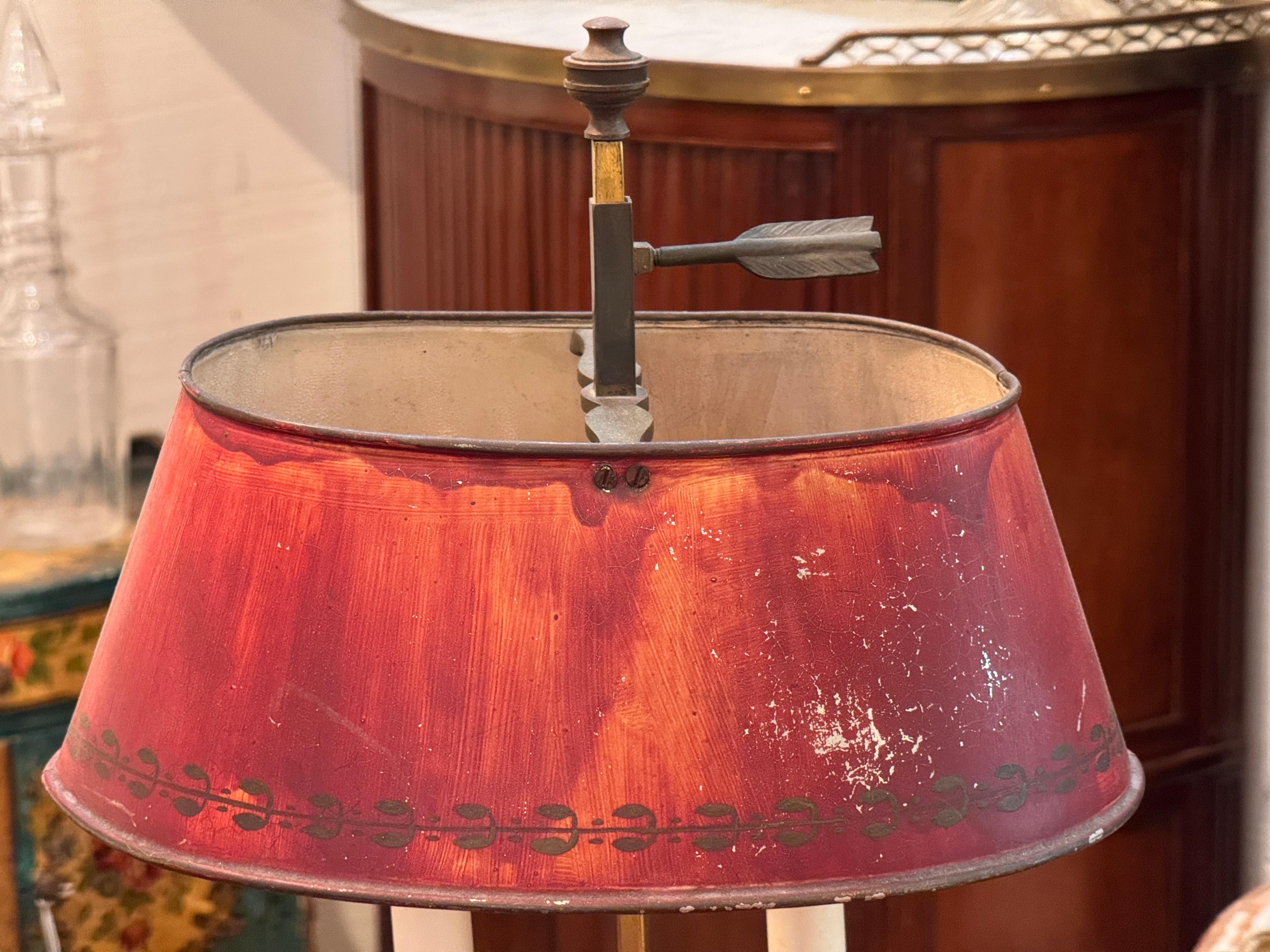 Early 20th Century Bouillotte Lamp with Red Tole Shade For Sale