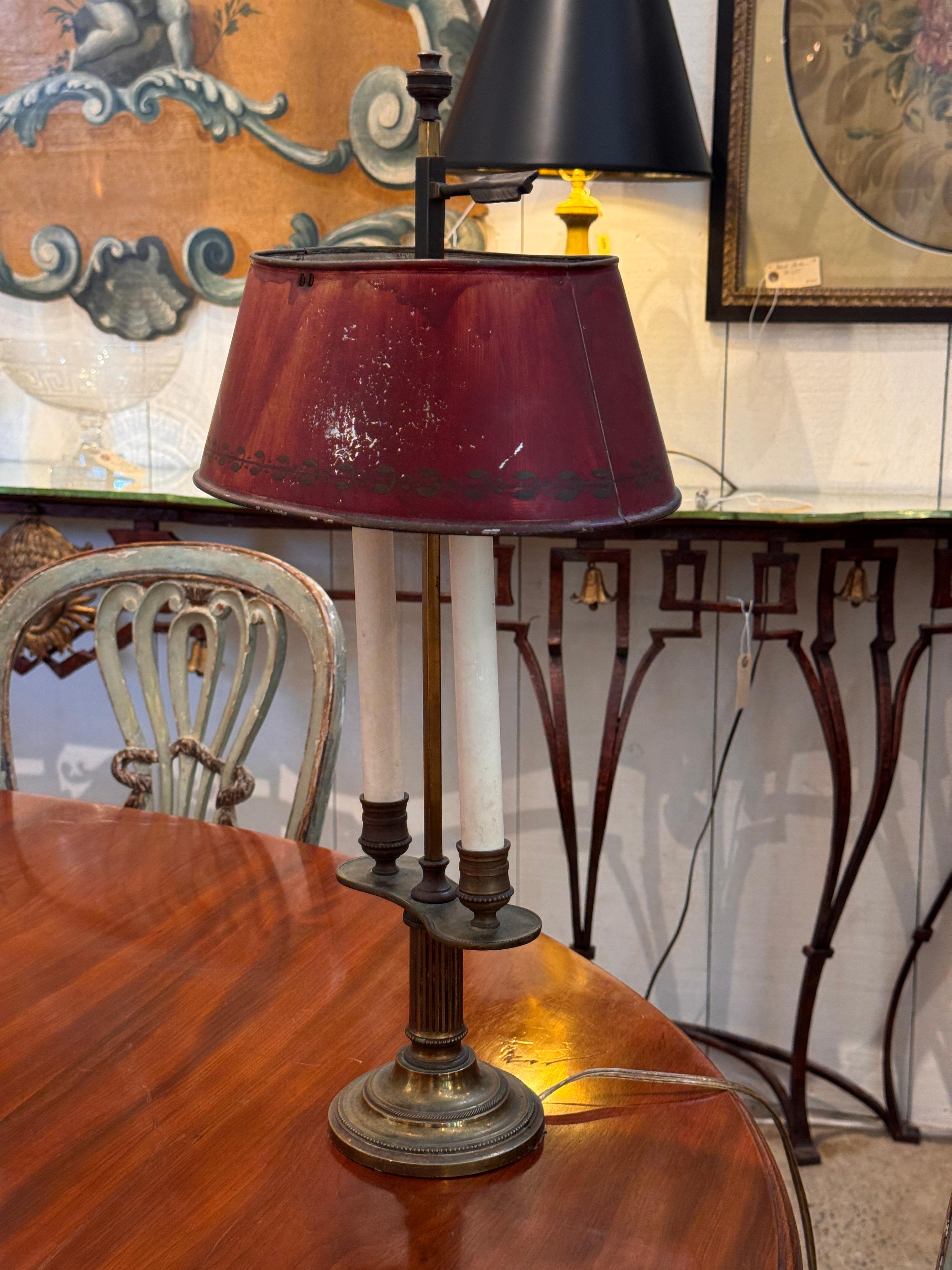 Brass Bouillotte Lamp with Red Tole Shade For Sale