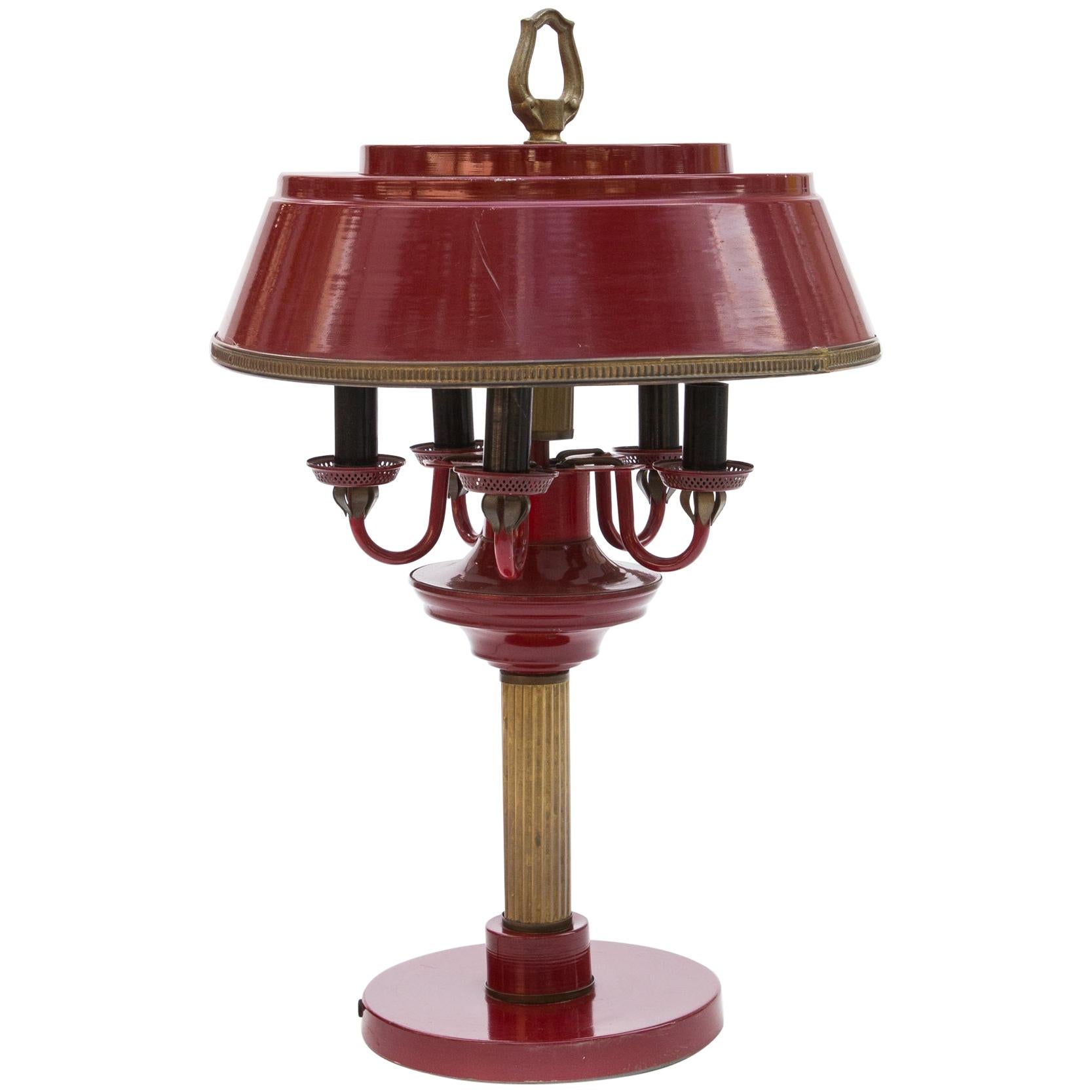 Bouillotte Table Lamp, Brass, Red Lacquered, France For Sale