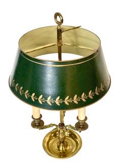 French Antique Bronze Bouillotte Table Lamp in with Tole Lampshade