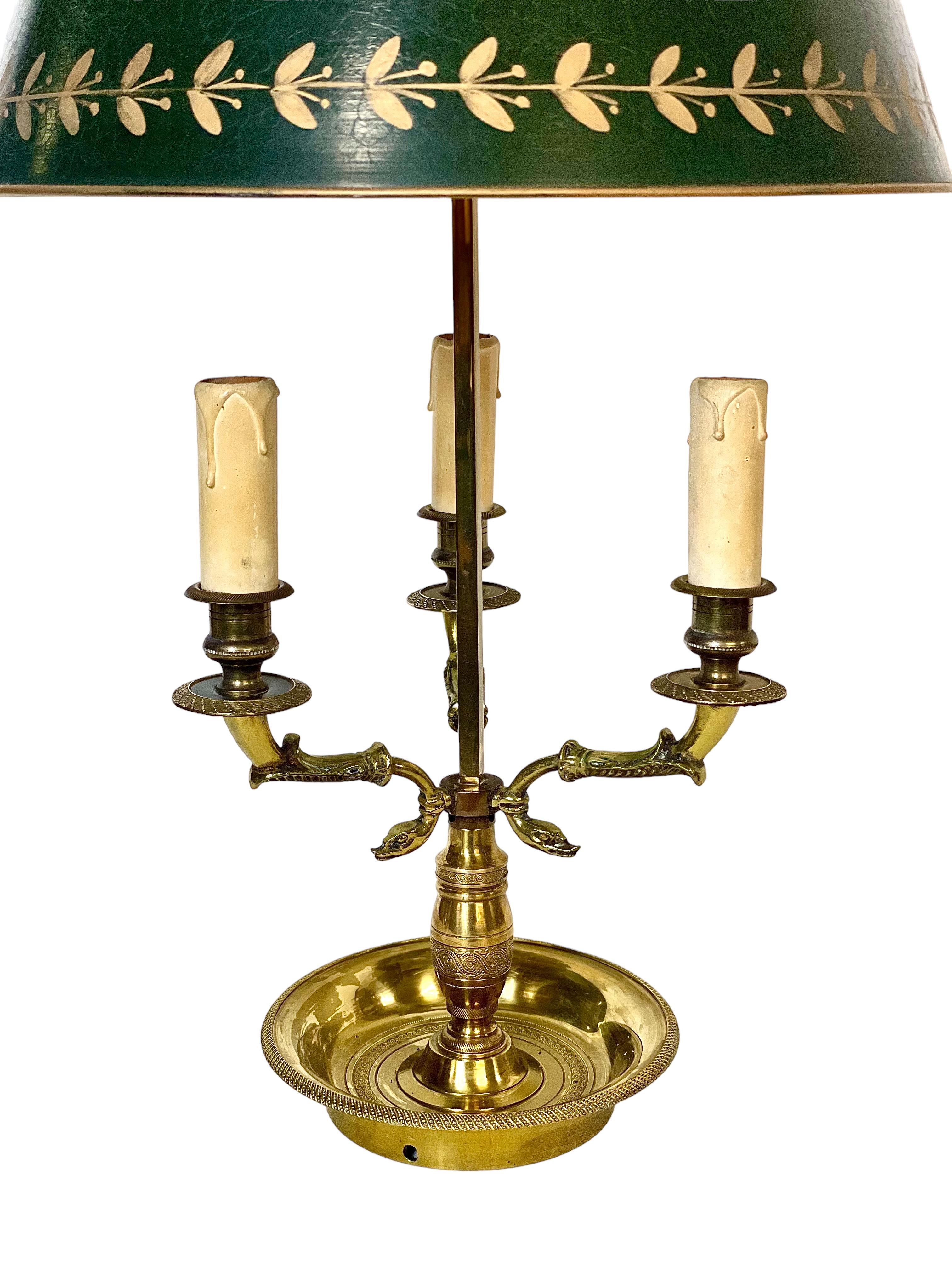 Empire French Antique Bronze Bouillotte Table Lamp in with Tole Lampshade For Sale
