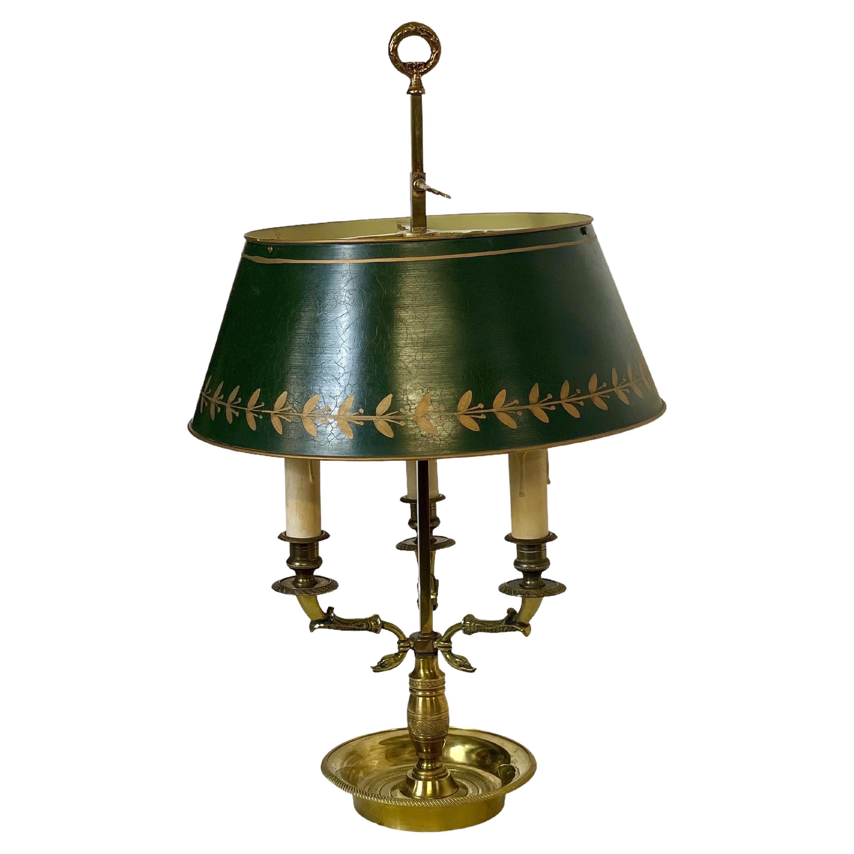 French Antique Bronze Bouillotte Table Lamp in with Tole Lampshade