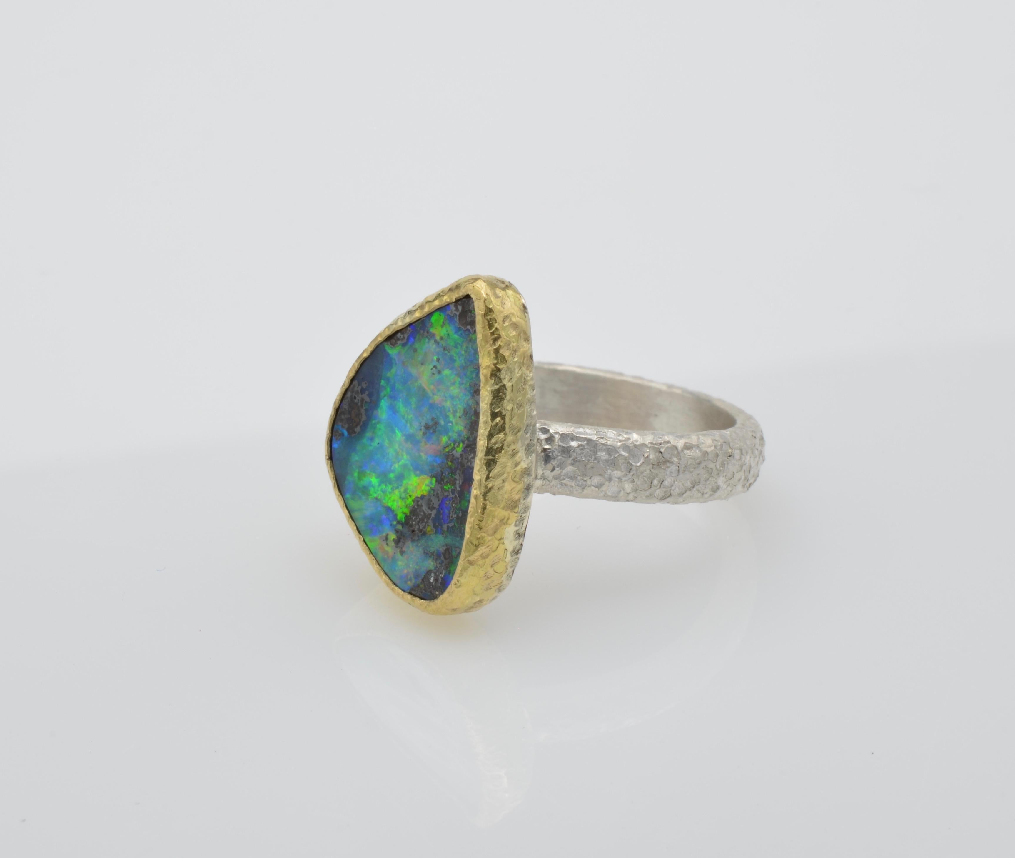 Modernist Boulder Australian Opal 14 Karat Yellow Gold and Sterling Silver Band