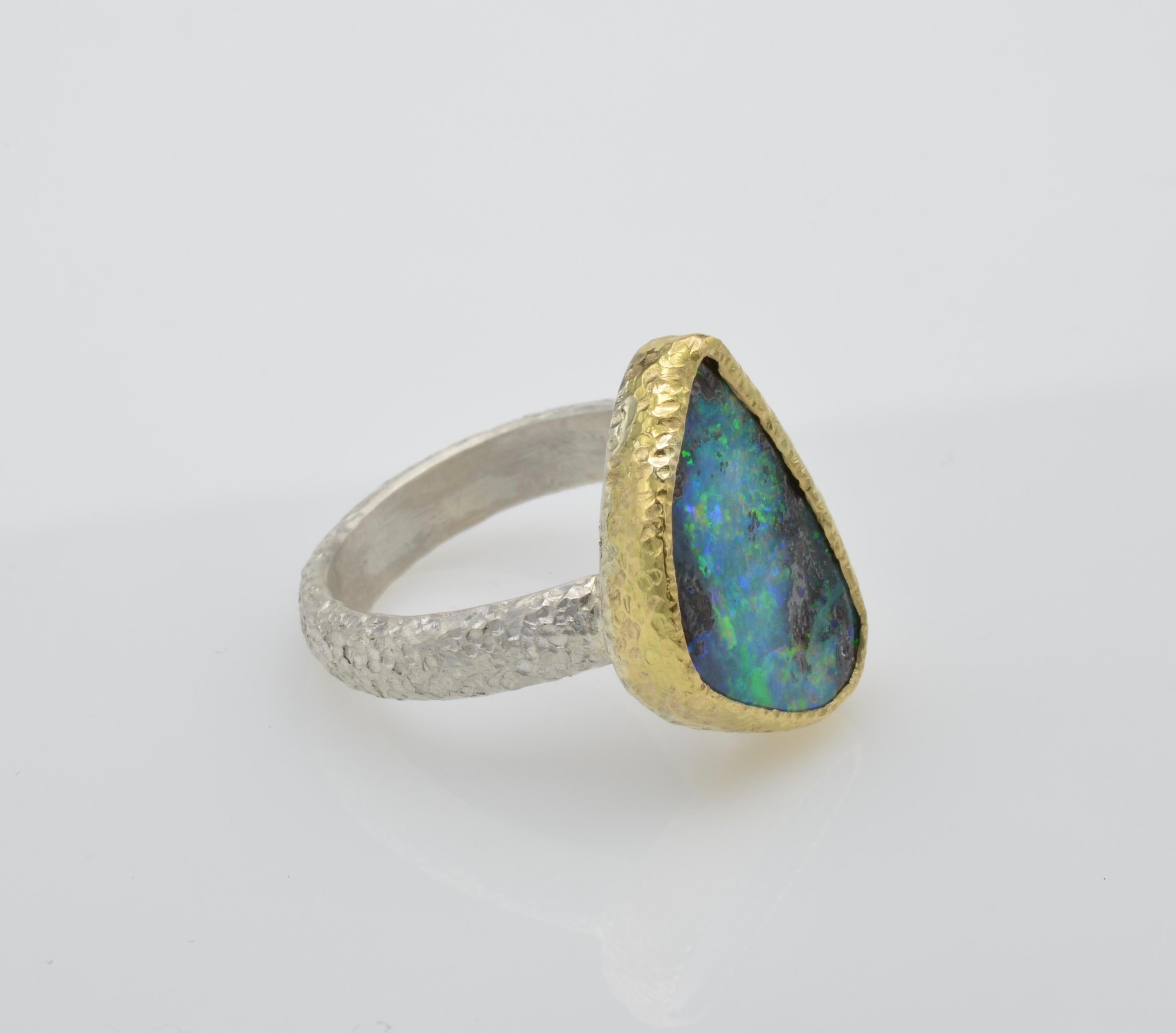 Boulder Australian Opal 14 Karat Yellow Gold and Sterling Silver Band 1