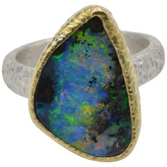 Boulder Australian Opal 14 Karat Yellow Gold and Sterling Silver Band