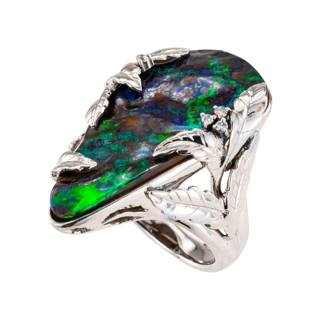 Contemporary Boulder Black Opal Diamond Platinum Cocktail Ring