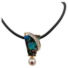 Boulder Black Opal Diamond Two Tone Gold Slide Pendant