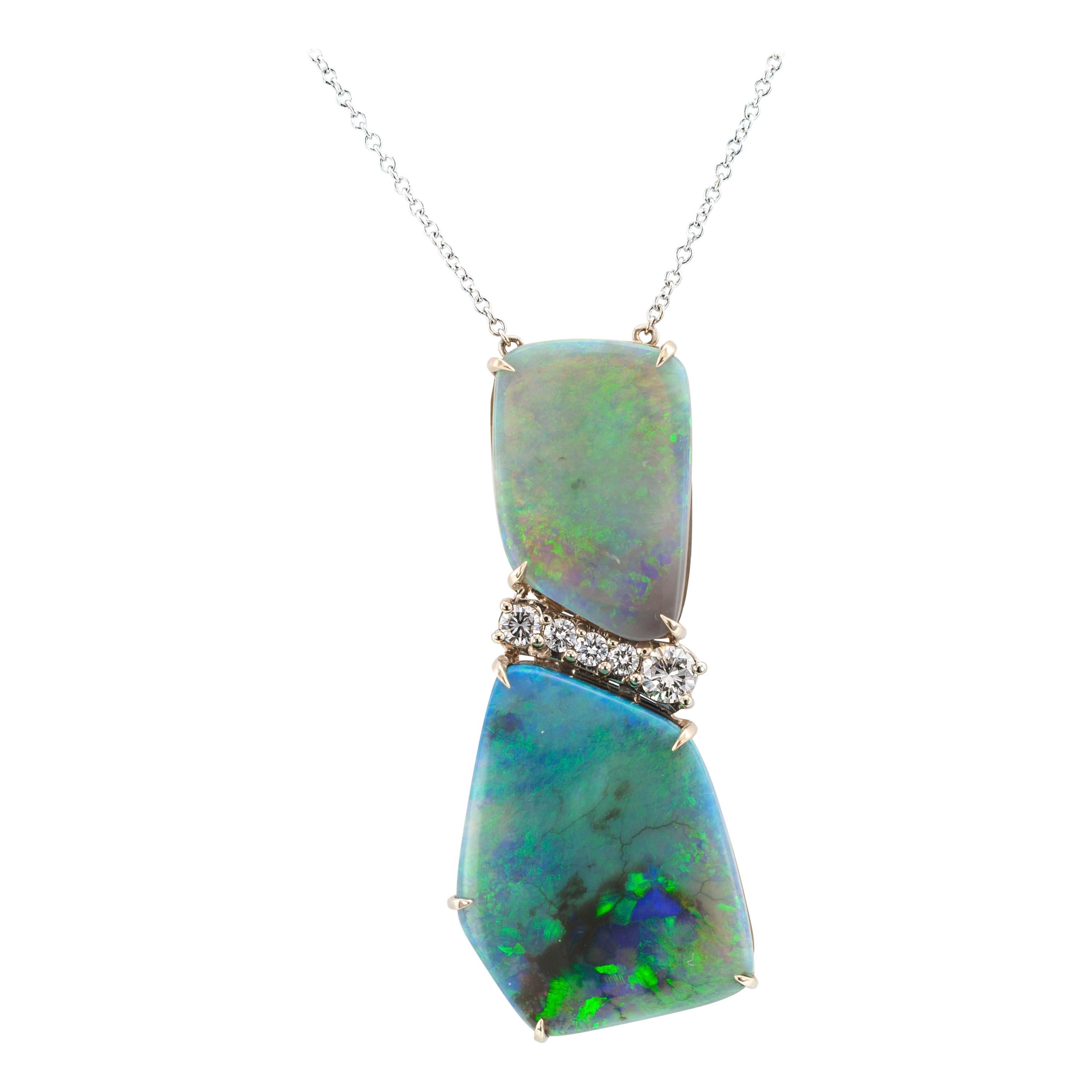 Boulder Black Opal Diamond White Gold Necklace