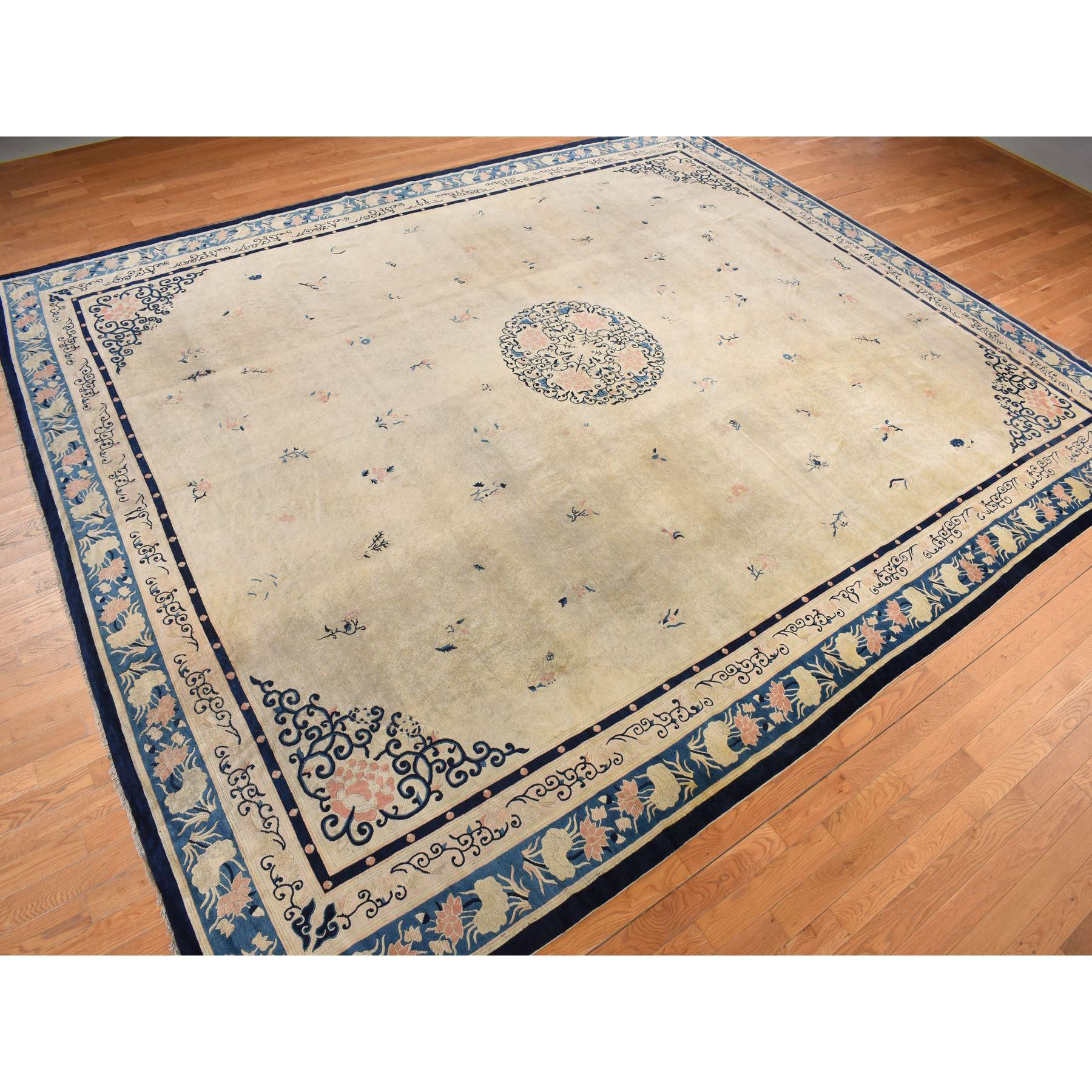 Medieval Boulder Ivory Antique Chinese Peking Wool Hand Knotted Oriental Rug 12'x14'1