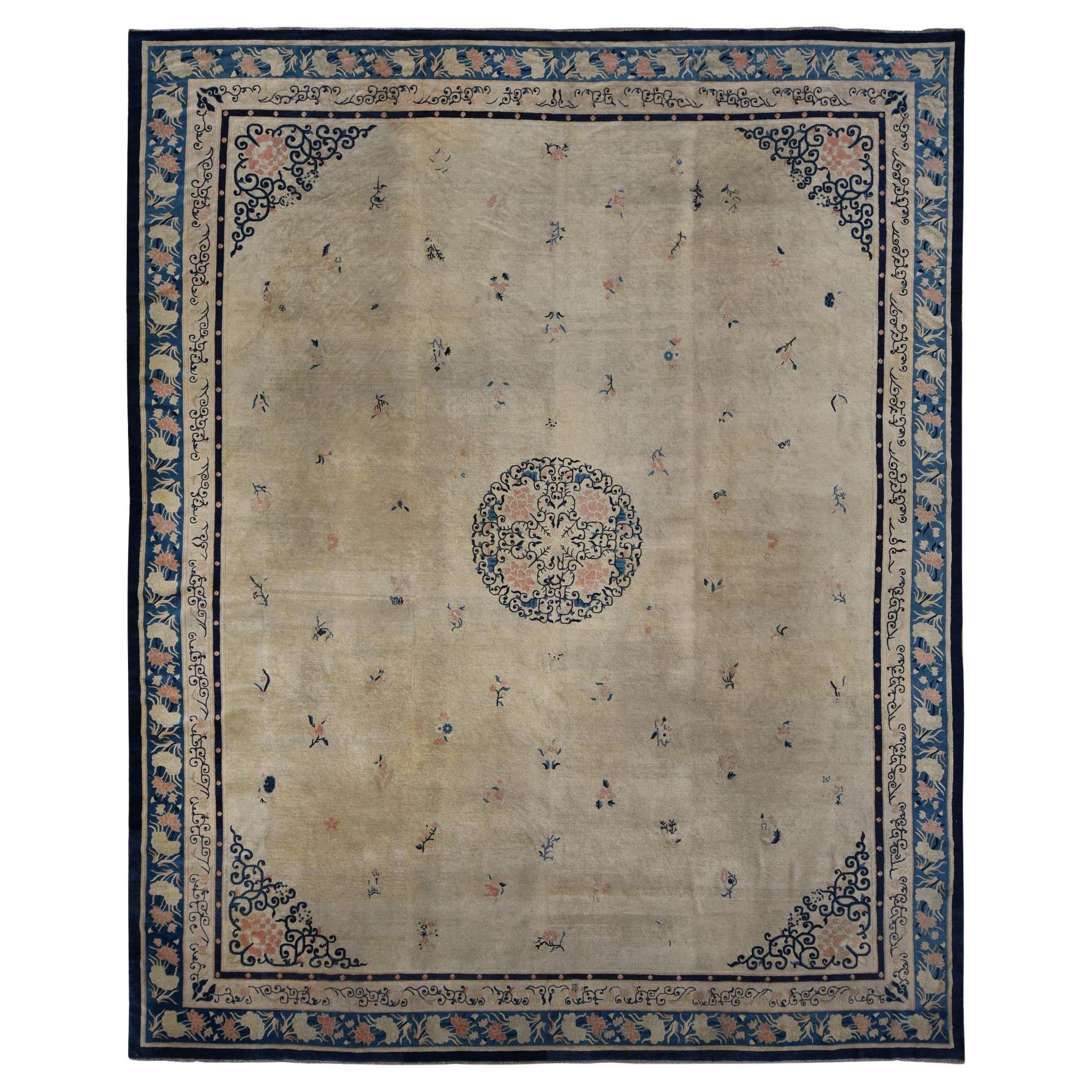 Boulder Ivory Antique Chinese Peking Wool Hand Knotted Oriental Rug 12'x14'1" For Sale