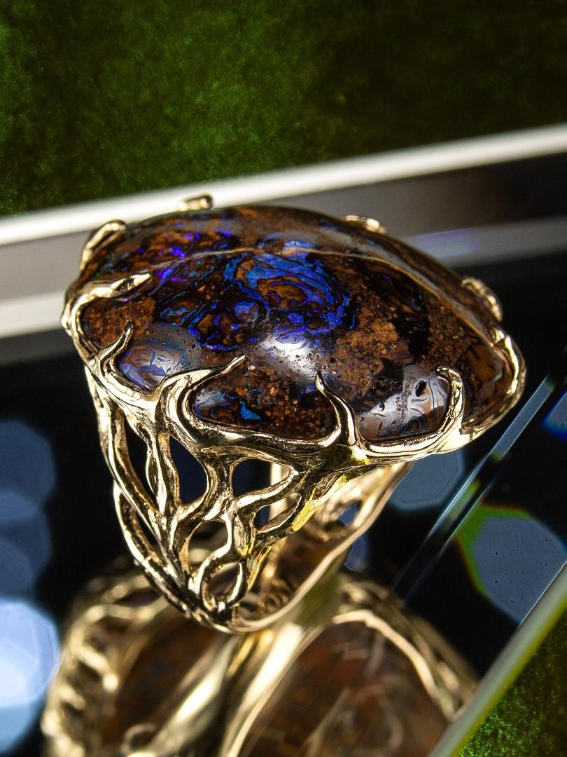 Art Nouveau Opal Gold Ring Blueprint Woody Musk Tree Natural Australian Gem For Sale