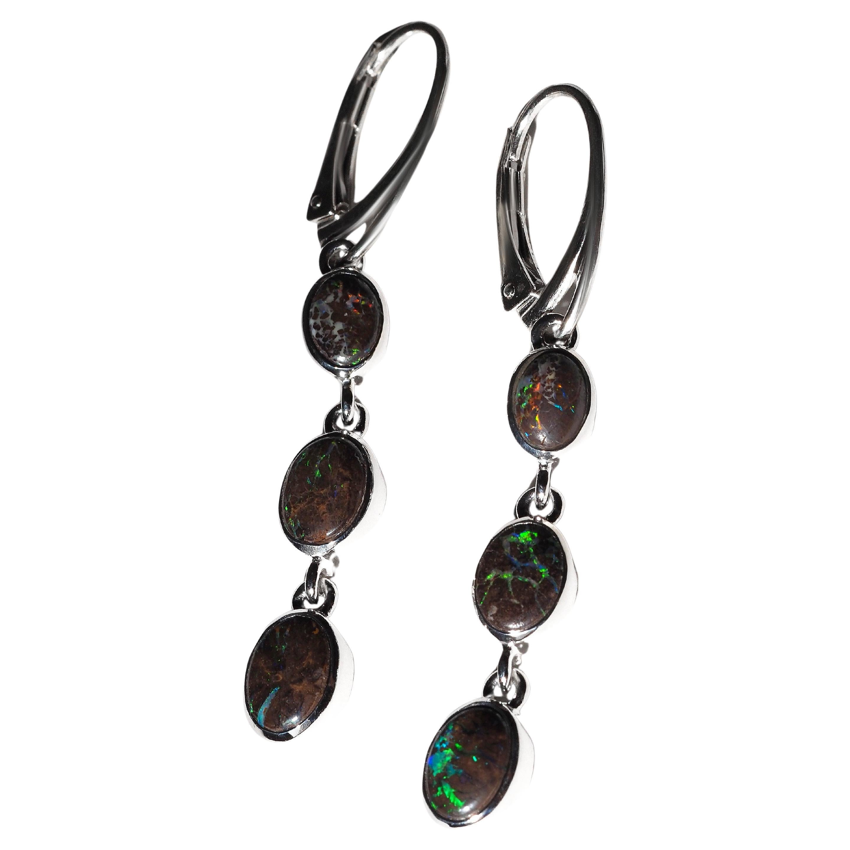 Boulder Koroit Opal Silver Long Earrings Australian Gemstone