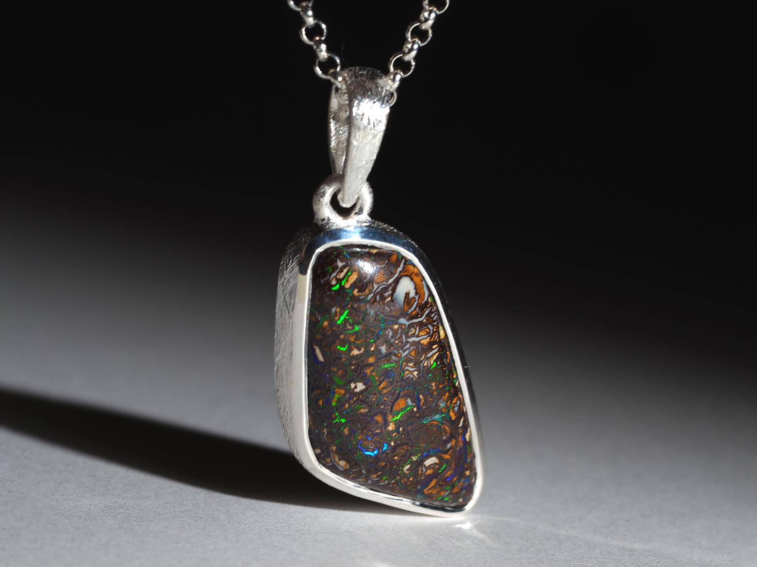 Artisan Boulder Koroit Opal Silver Necklace mens jewelry pendant male friend gift For Sale