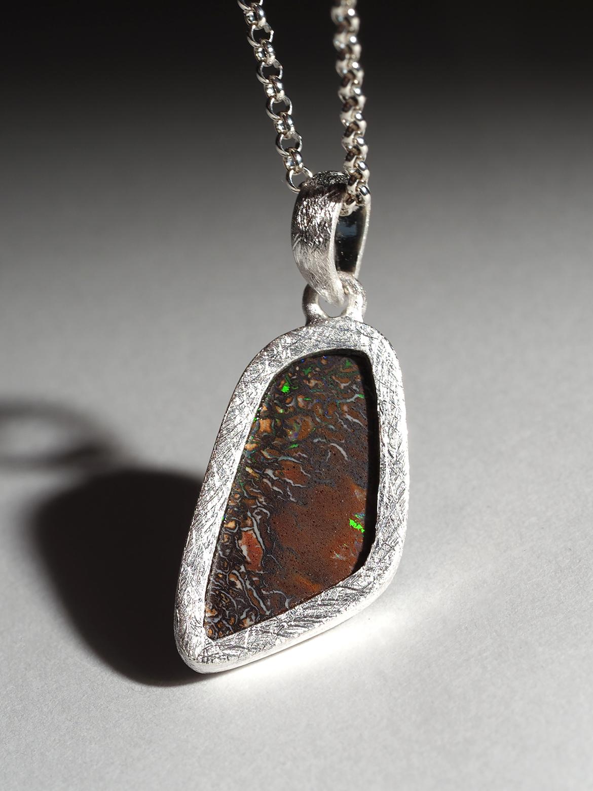 Emerald Cut Boulder Koroit Opal Silver Necklace mens jewelry pendant male friend gift For Sale