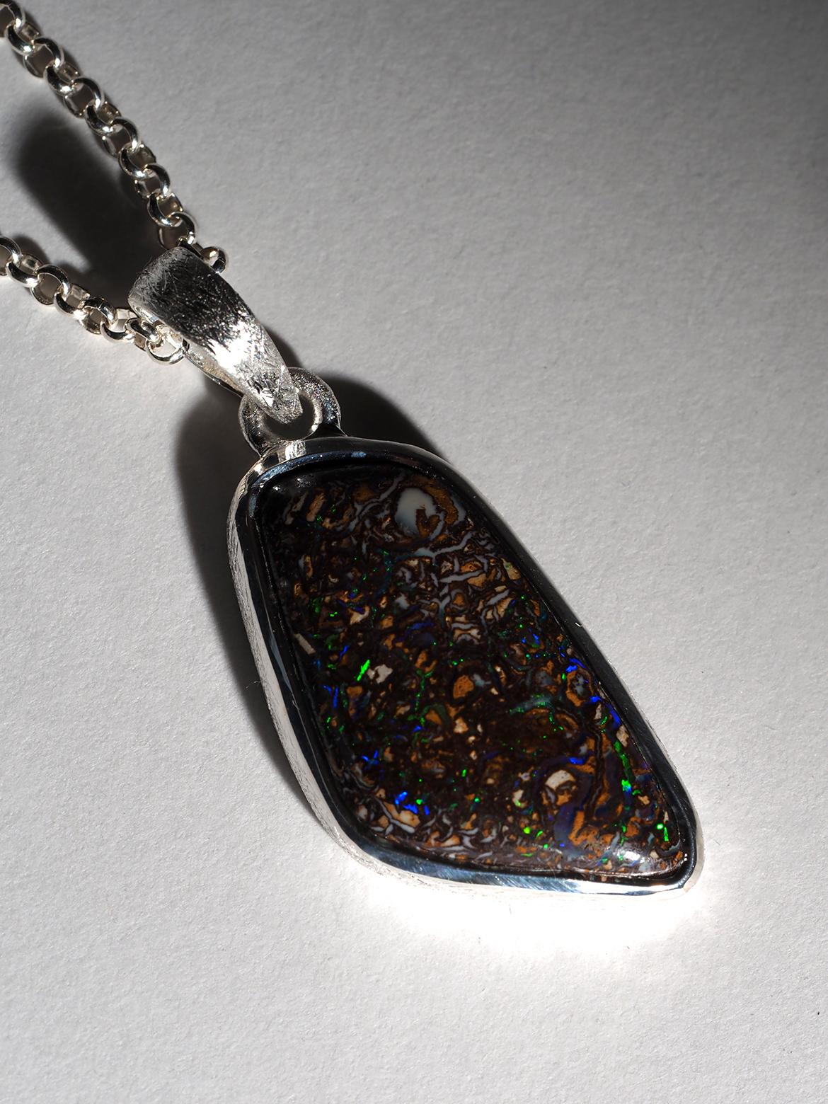Boulder Koroit Opal Silver Necklace mens jewelry pendant male friend gift For Sale 1