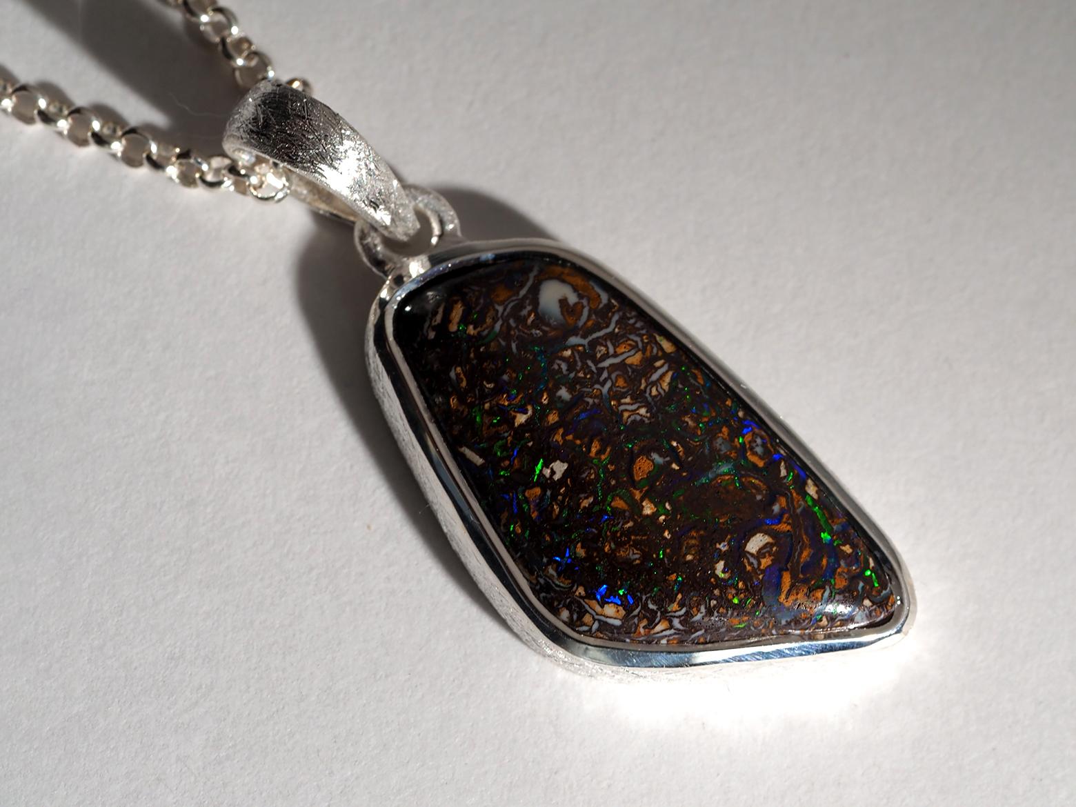 Boulder Koroit Opal Silver Necklace mens jewelry pendant male friend gift For Sale 2