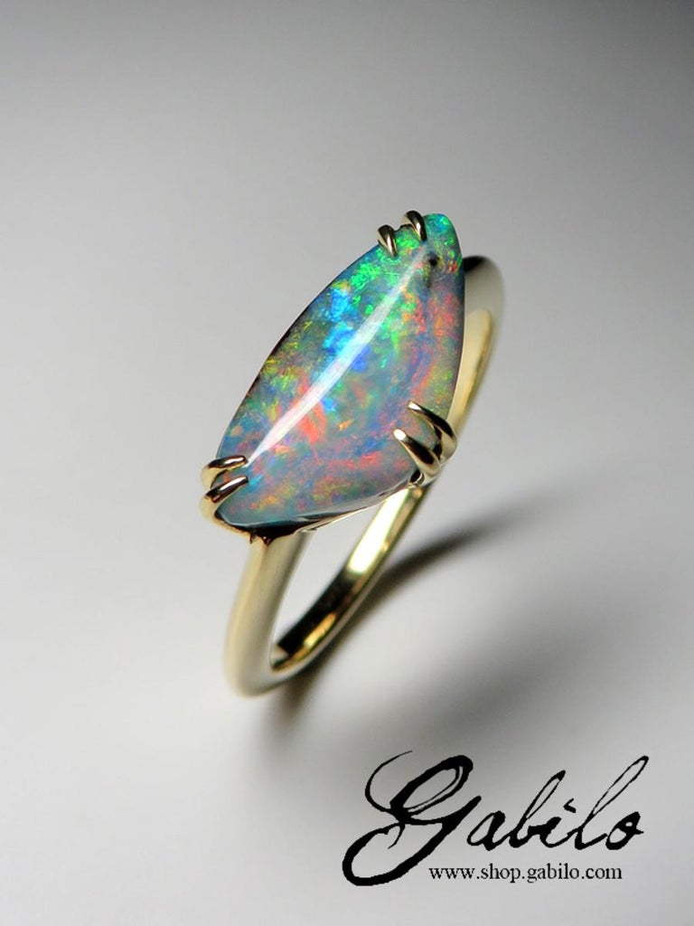 Boulder Opal 14k Gold Ring Shimmering Polychome Eye Shaped Australian  Gemstone For Sale at 1stDibs