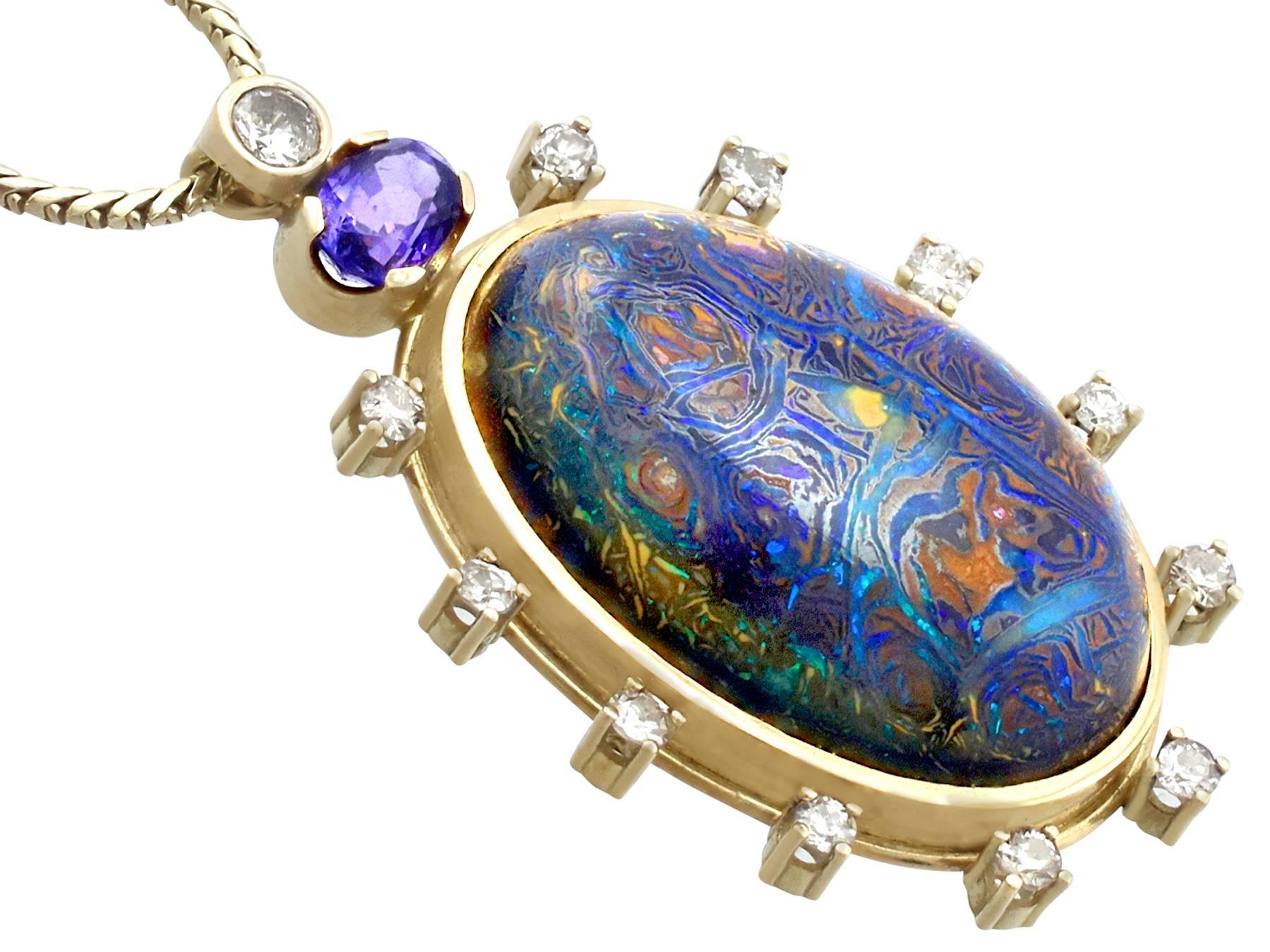 1970s Cabochon Cut Boulder Opal 1.52ct Sapphire and 1.28ct Diamond Pendant In Excellent Condition For Sale In Jesmond, Newcastle Upon Tyne