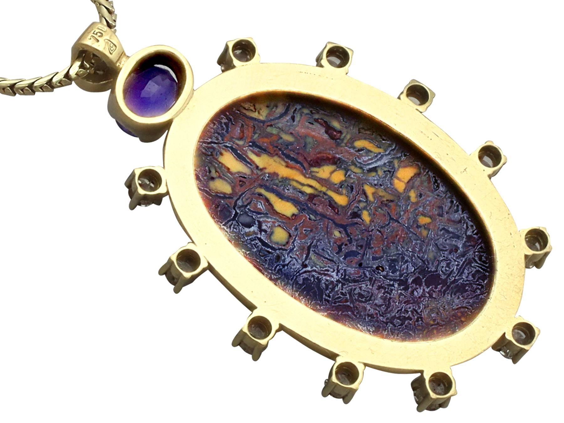 Pendentif en opale rocheuse taille cabochon des années 1970, saphir 1,52 carat et diamant 1,28 carat Pour femmes en vente