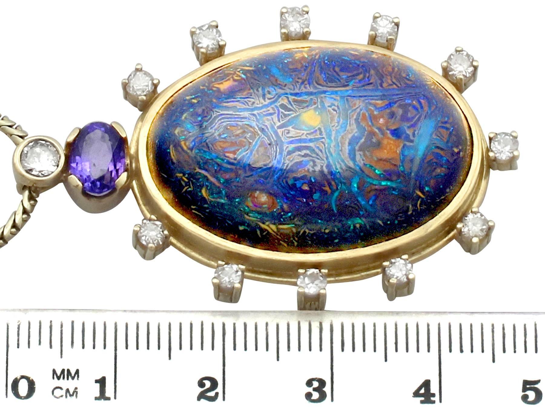 1970s Cabochon Cut Boulder Opal 1.52ct Sapphire and 1.28ct Diamond Pendant For Sale 2