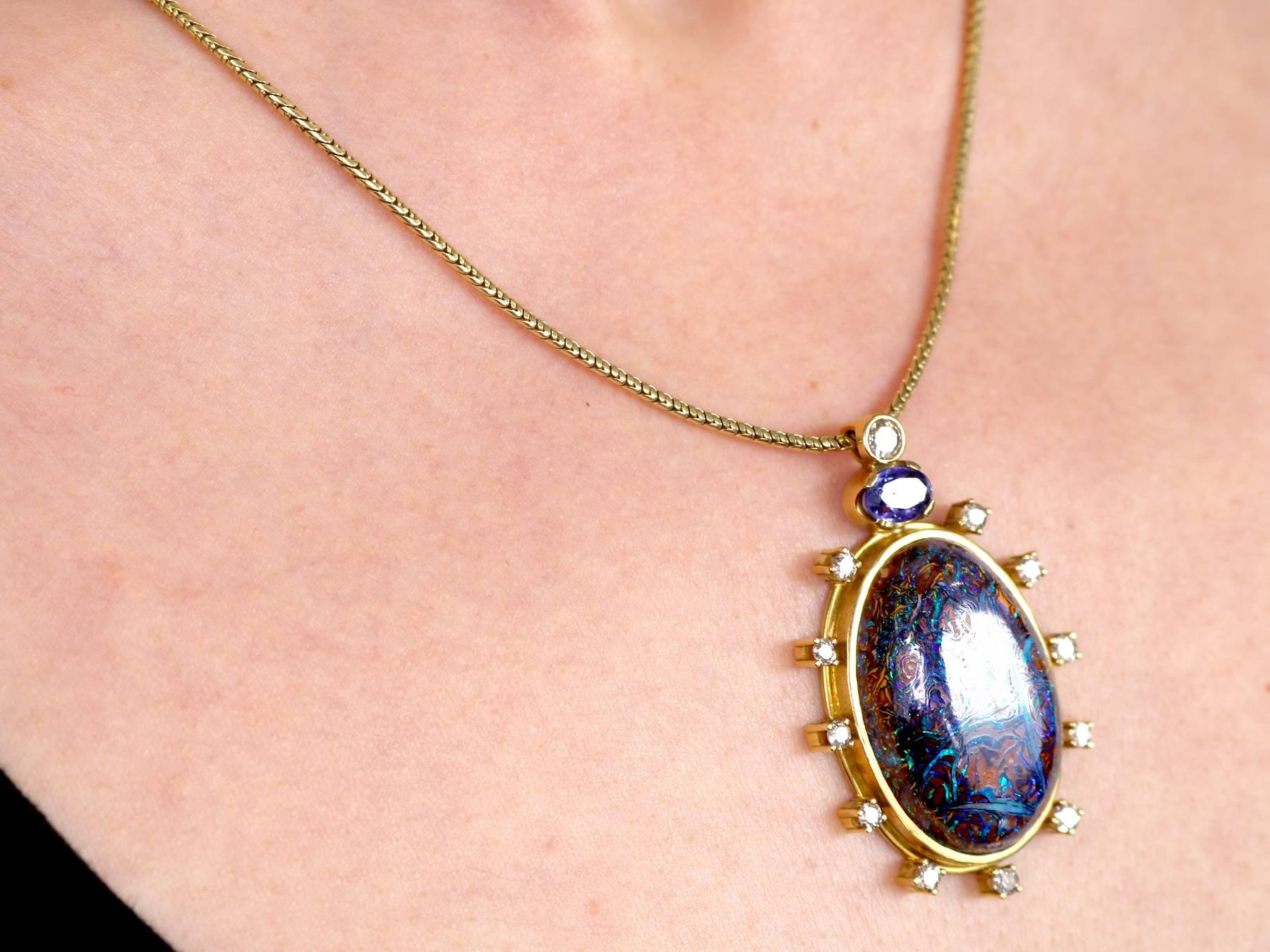 1970s Cabochon Cut Boulder Opal 1.52ct Sapphire and 1.28ct Diamond Pendant For Sale 4