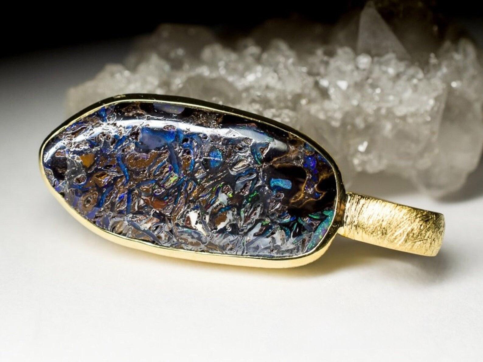 Artist Boulder Opal 18K Gold Silver Pendant Natural Multi-Colour Australian Gemstone For Sale