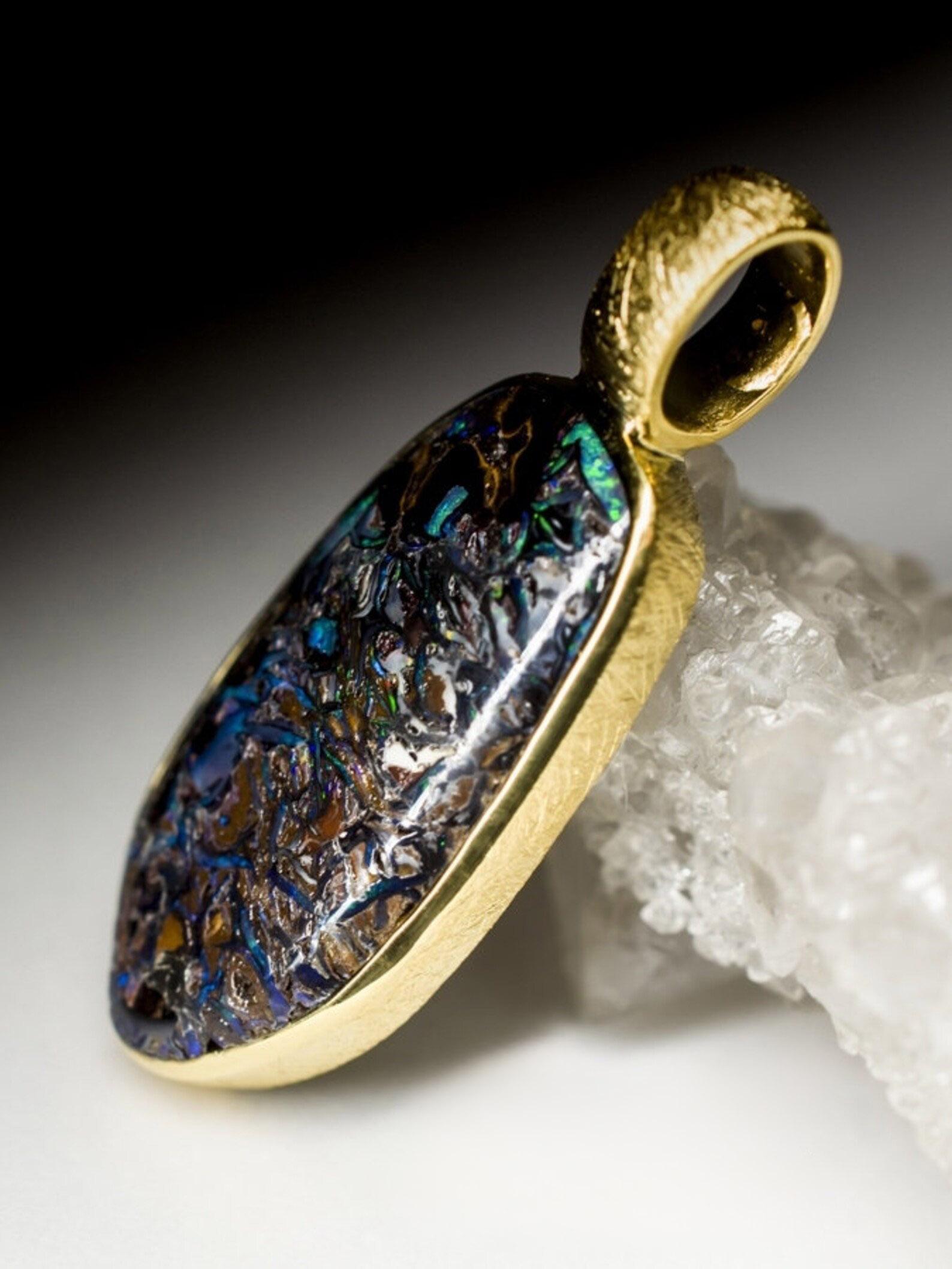 Boulder Opal 18K Gold Silver Pendant Natural Multi-Colour Australian Gemstone For Sale 2