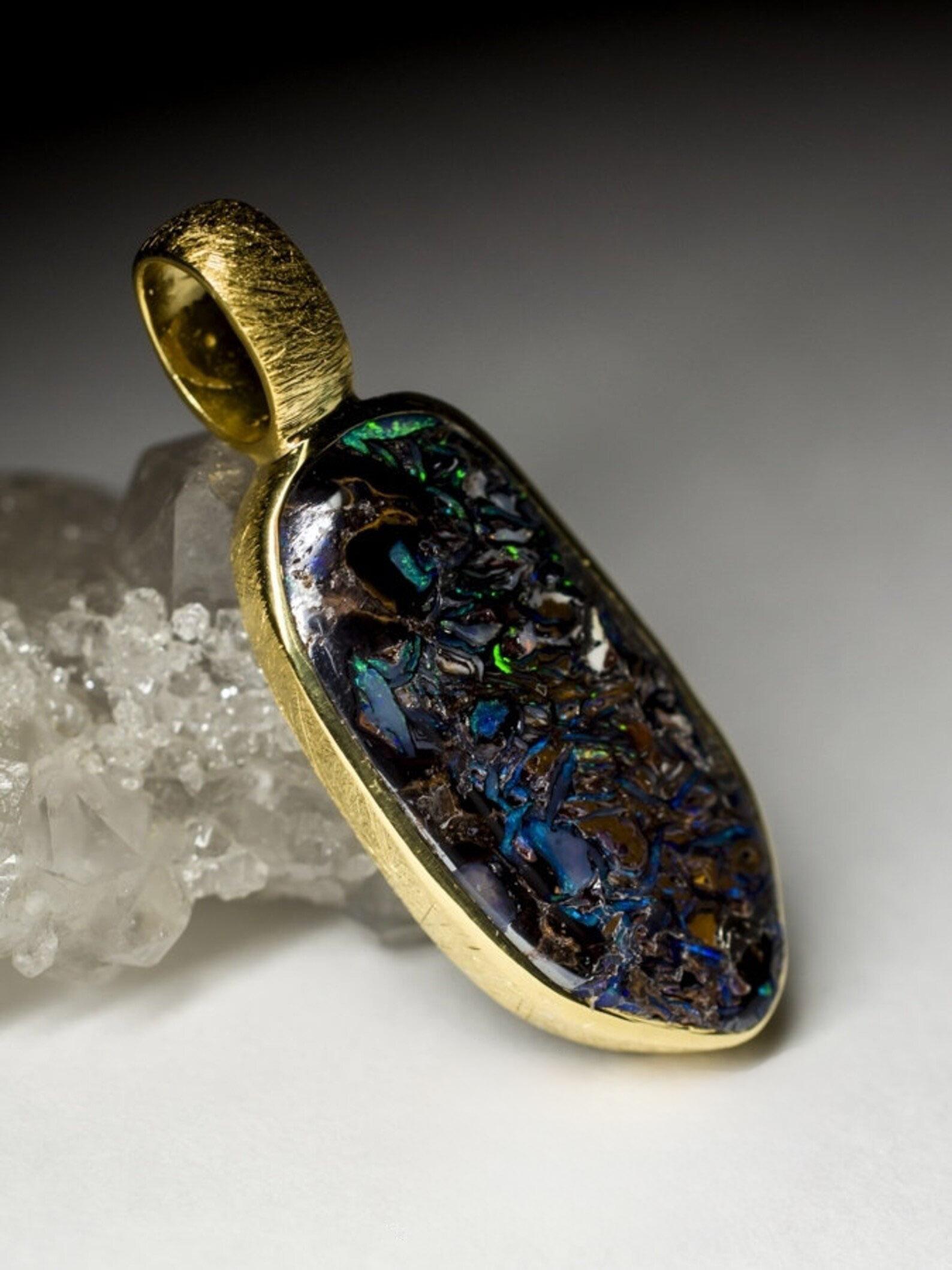 Boulder Opal 18K Gold Silver Pendant Natural Multi-Colour Australian Gemstone For Sale 3