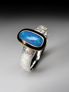 Boulder Opal 18K Gold Silver Ring Natural Blue opal gemstone gift for wife