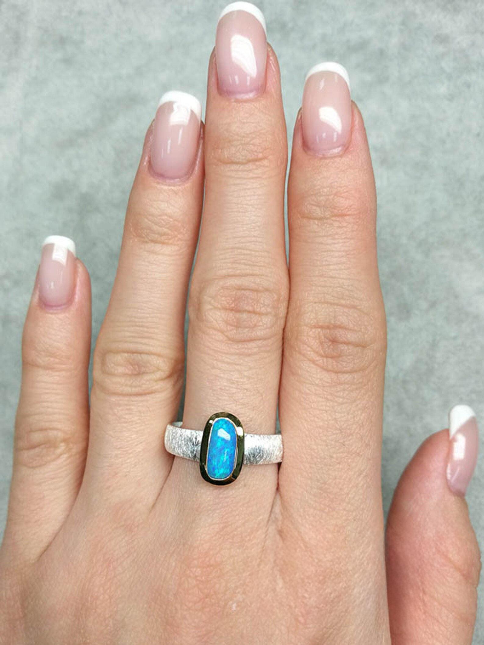 Artist Boulder Opal 18K Gold Silver Ring Natural Blue opal gemstone gift for wife For Sale