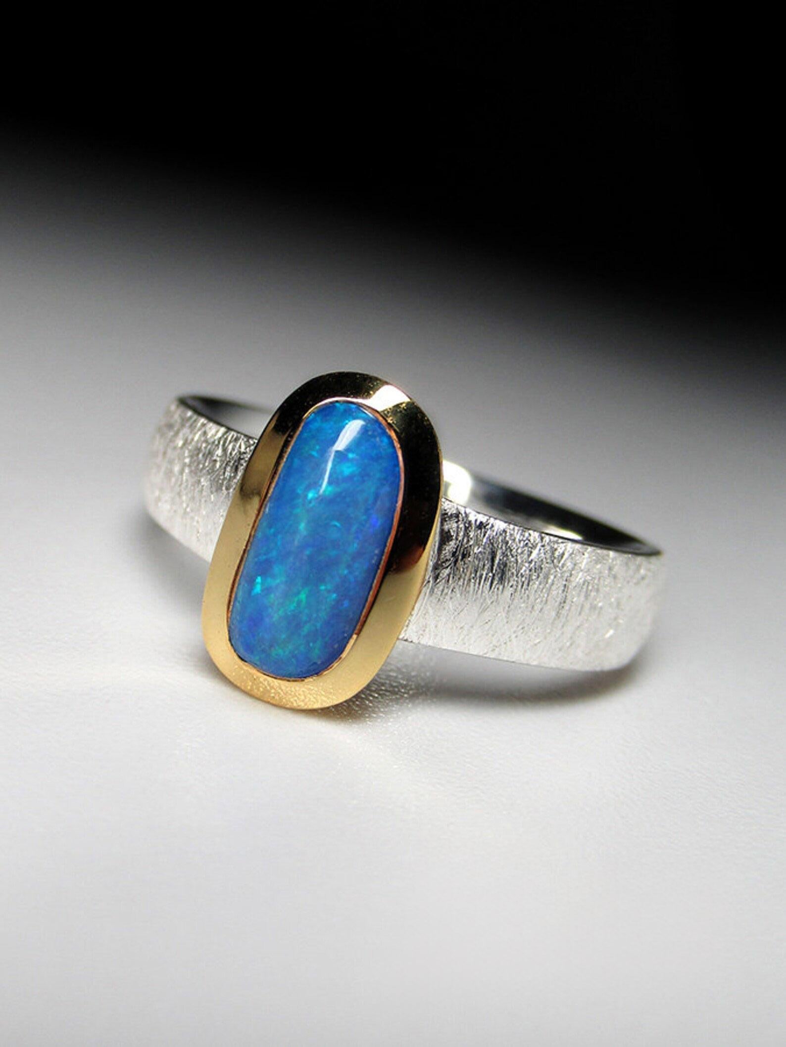 Oval Cut Boulder Opal 18K Gold Silver Ring Natural Blue opal gemstone gift for wife For Sale